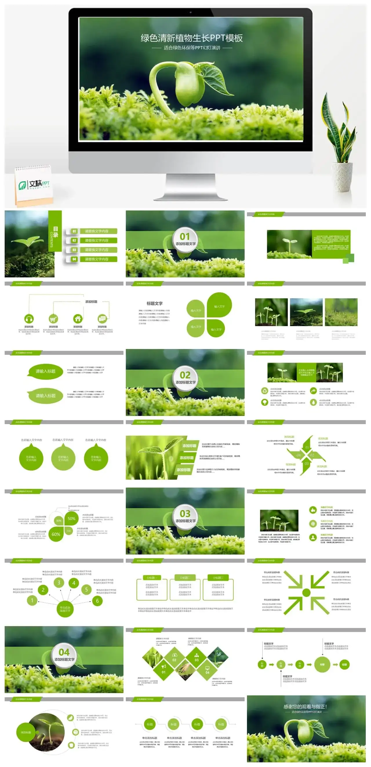绿色清新植物生长春天主题环保通用PPT模板