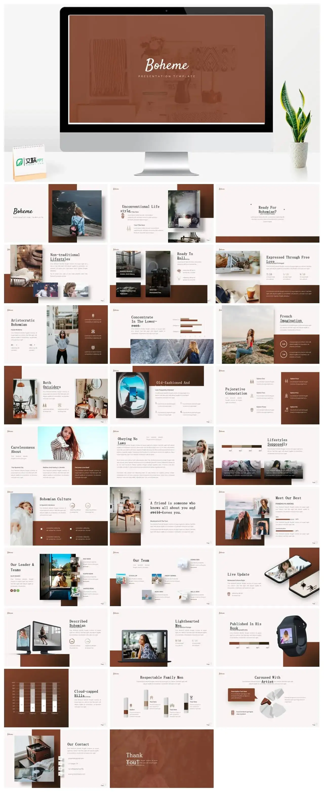 咖色时尚简约风ppt模板