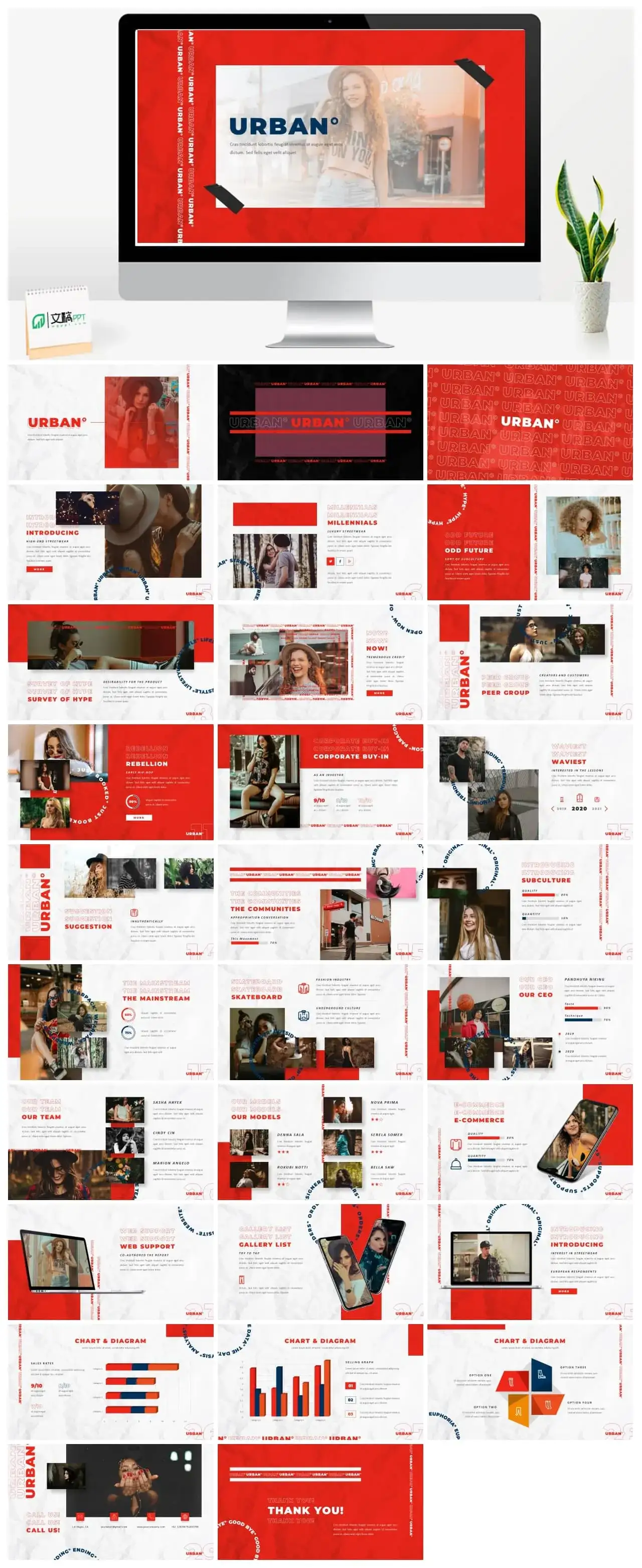 红色欧美男女时尚风ppt模板