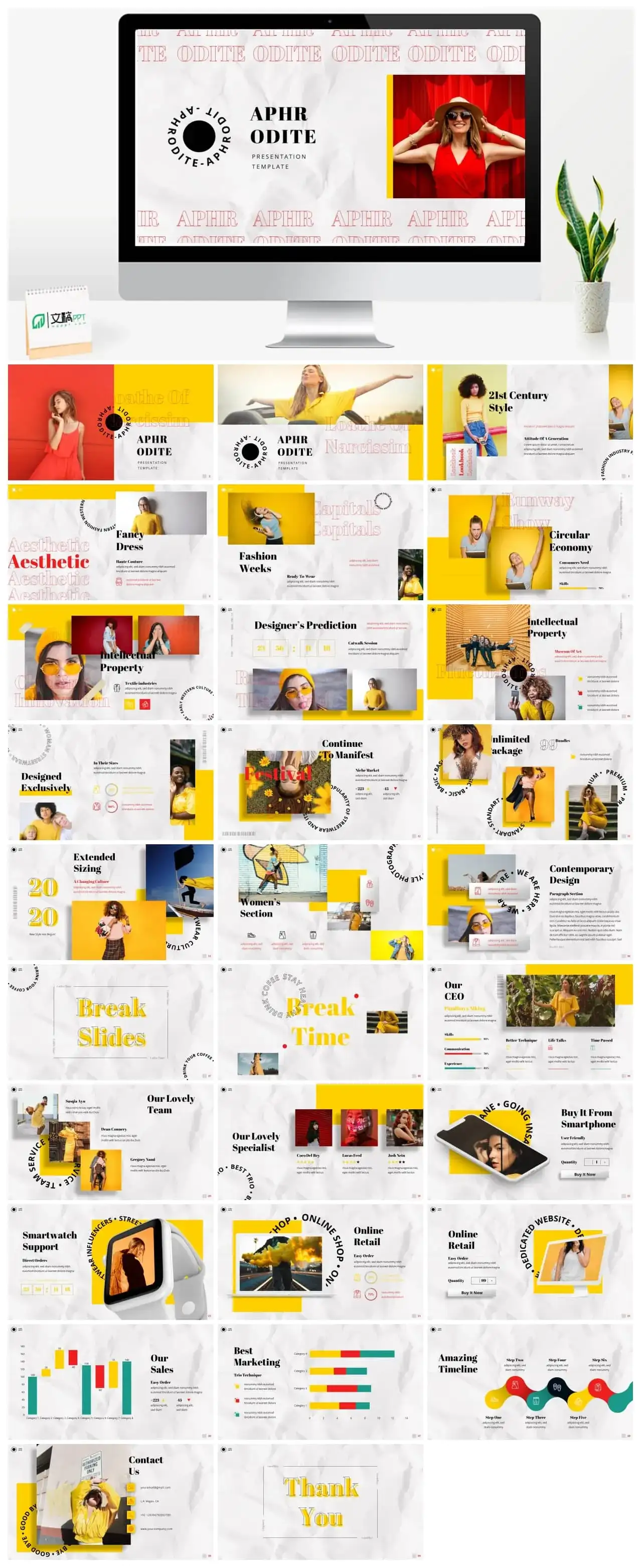 黄色潮流模特时尚风ppt模板