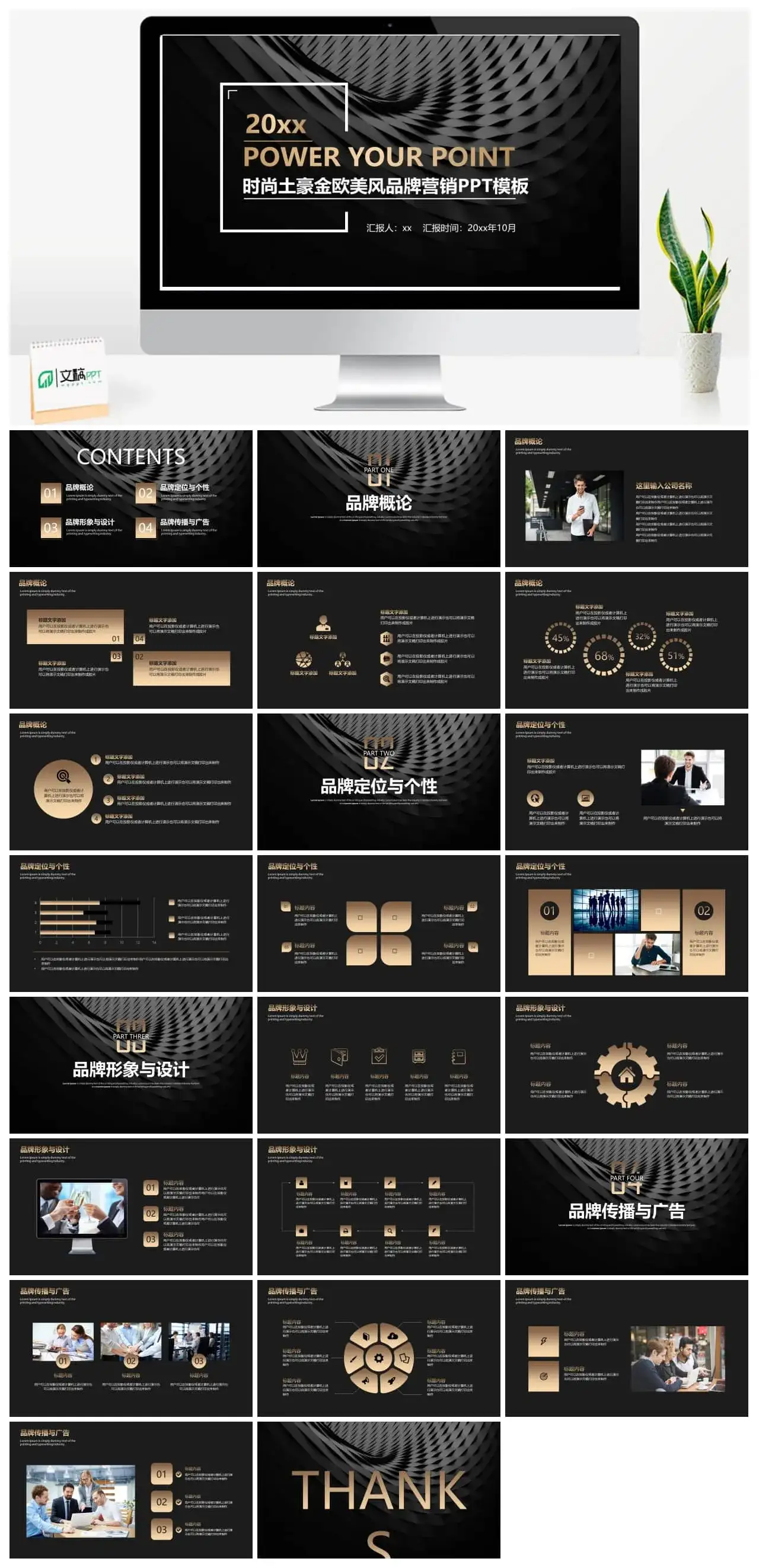 时尚土豪金欧美风品牌营销PPT模板