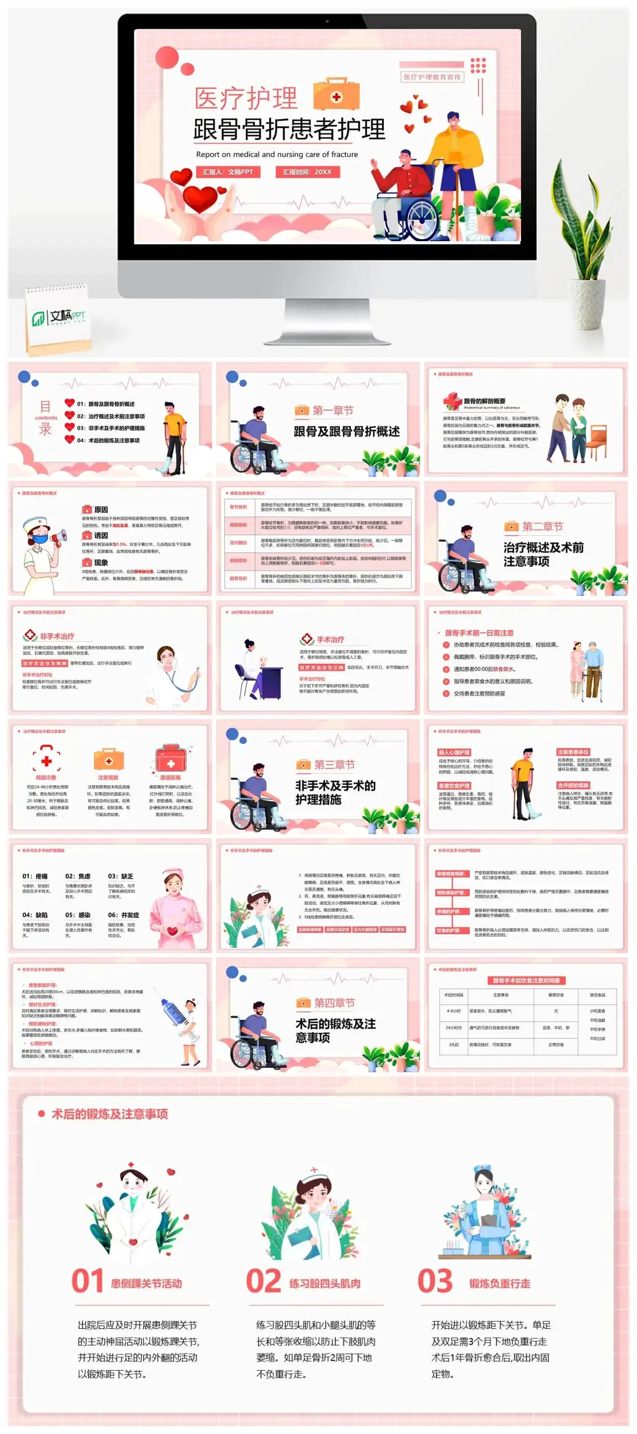 粉色卡通医疗护理跟骨骨折患者护理PPT模板