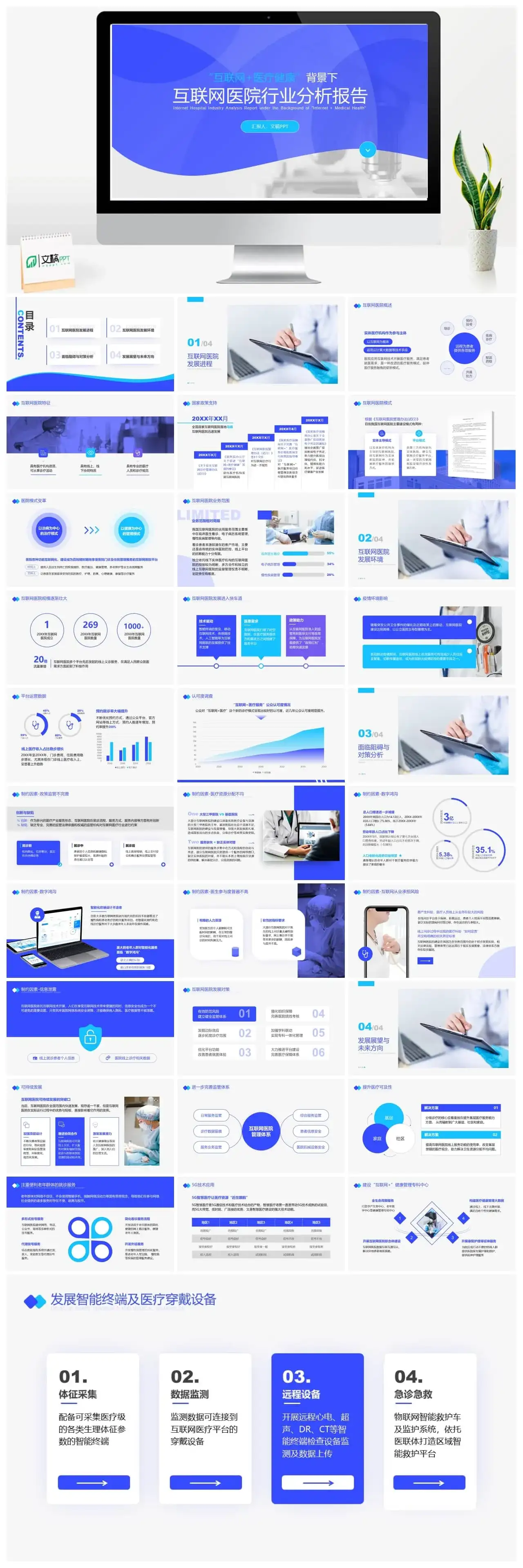 蓝色医疗医学风互联网医院行业报告ppt模板