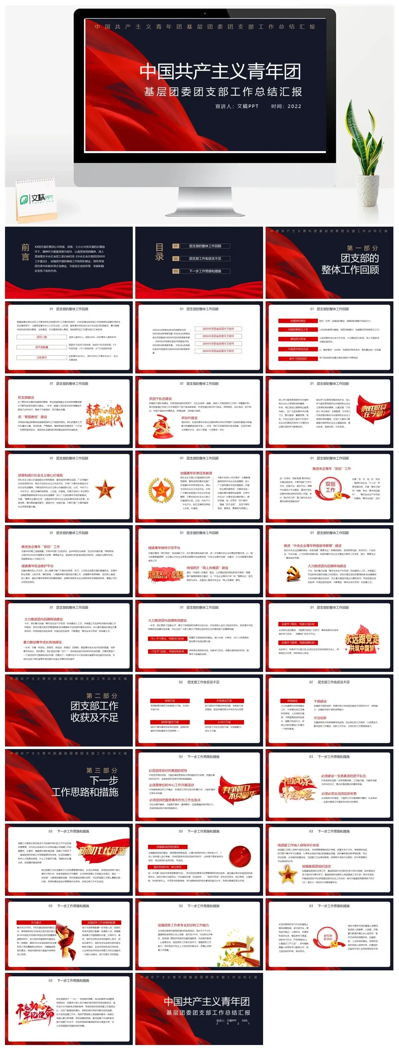 红色中国共产主义青年团基层团委团支部工作总结汇报PPT模板