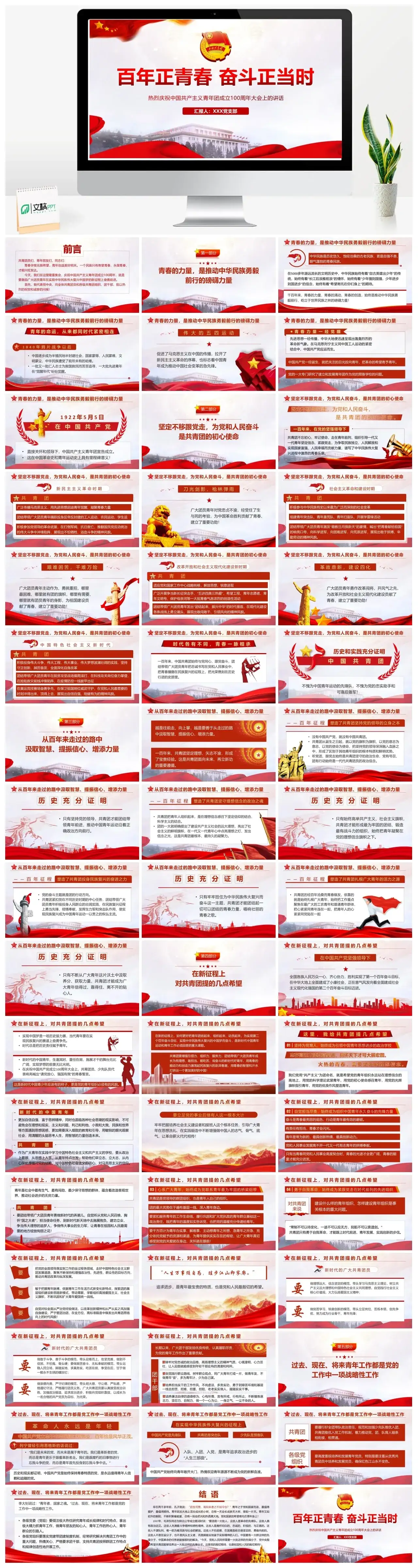 庆祝青年团成立100周年大会上的讲话PPT模板