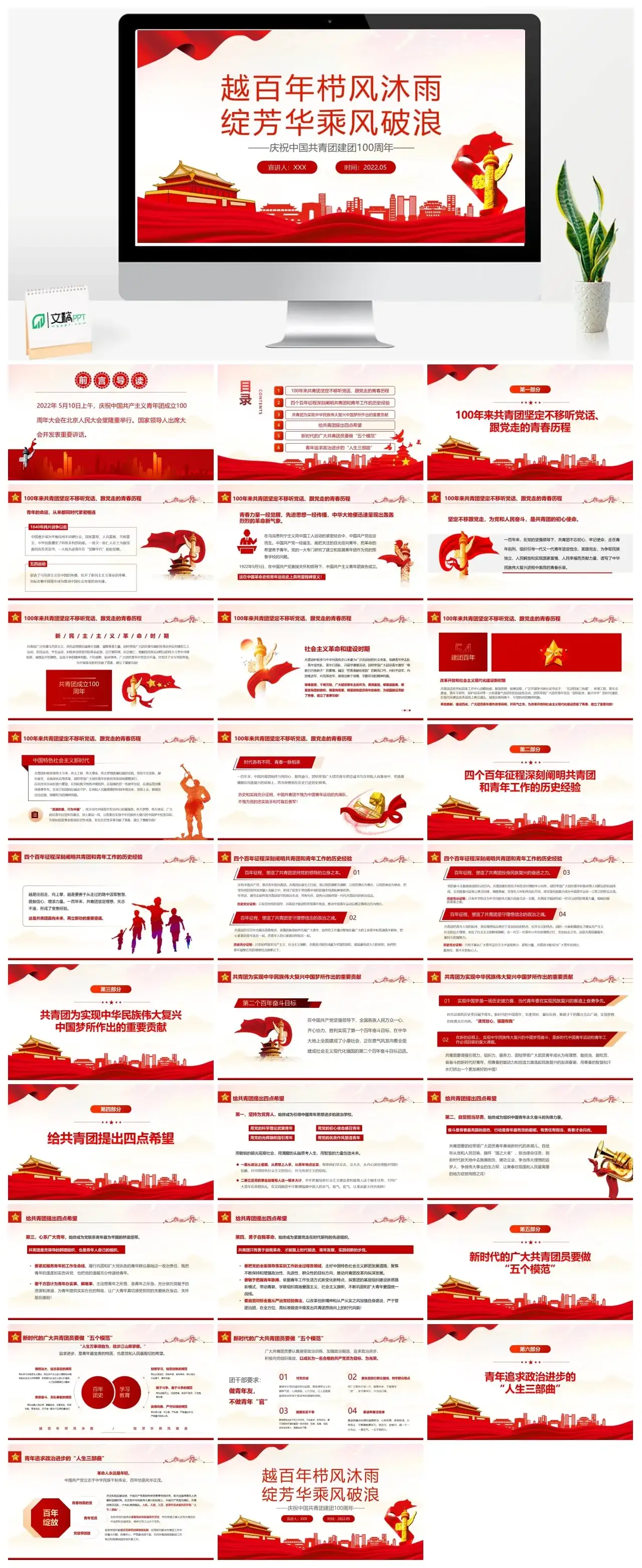 越百年栉风沐雨绽芳华乘风破浪PPT解读成立100周年大会讲话精神专题课件模板
