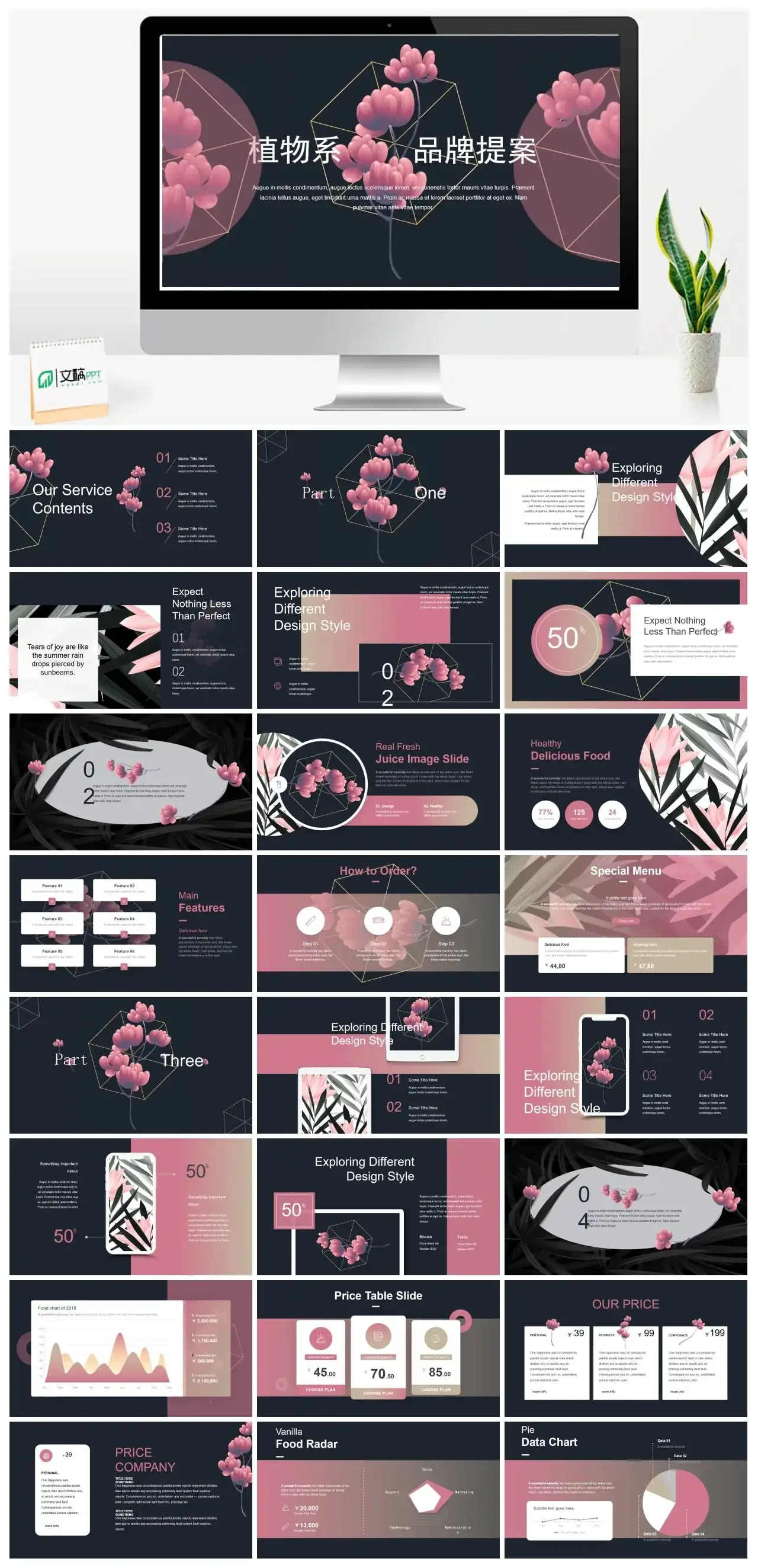 粉色植物系艺术设计化妆品牌提案商务合作PPT模板