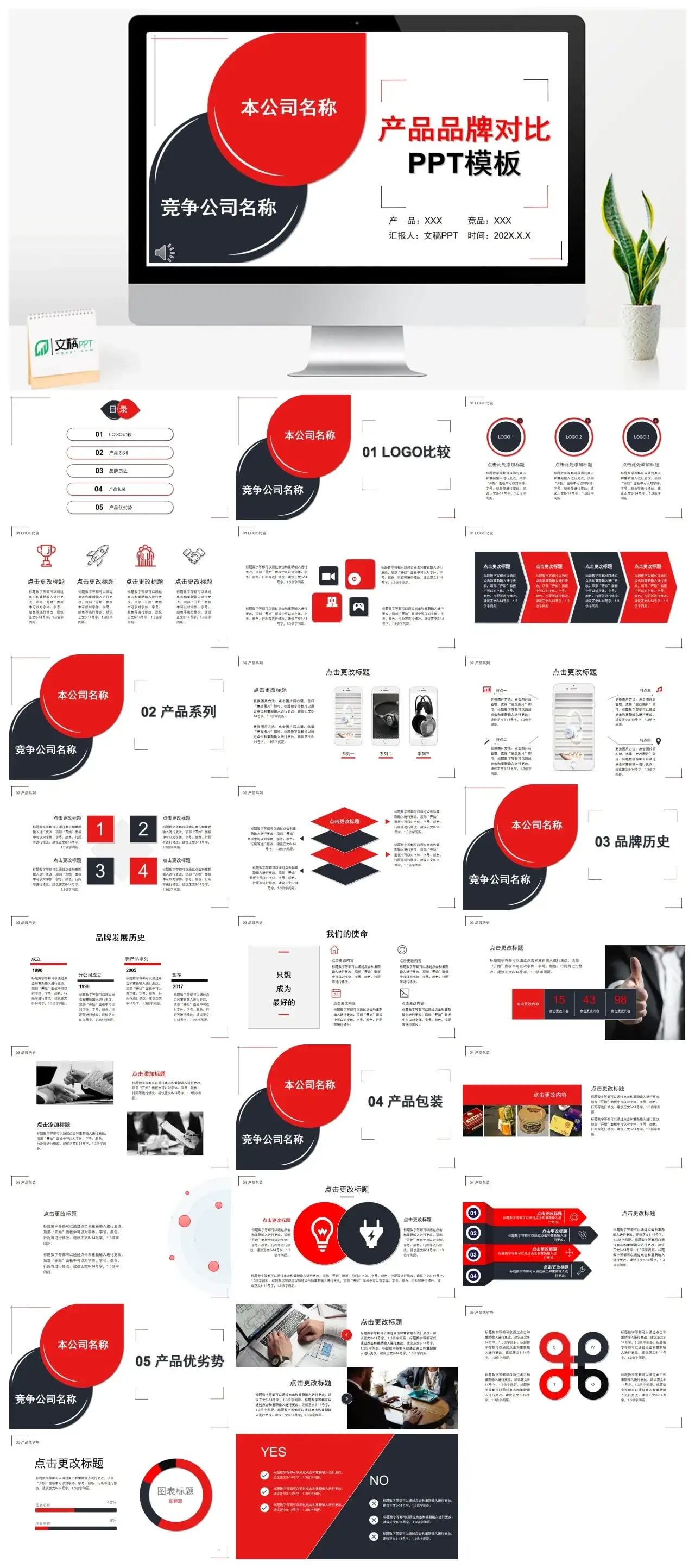 红色黑色对比产品竞品分析报告简洁PPT模板