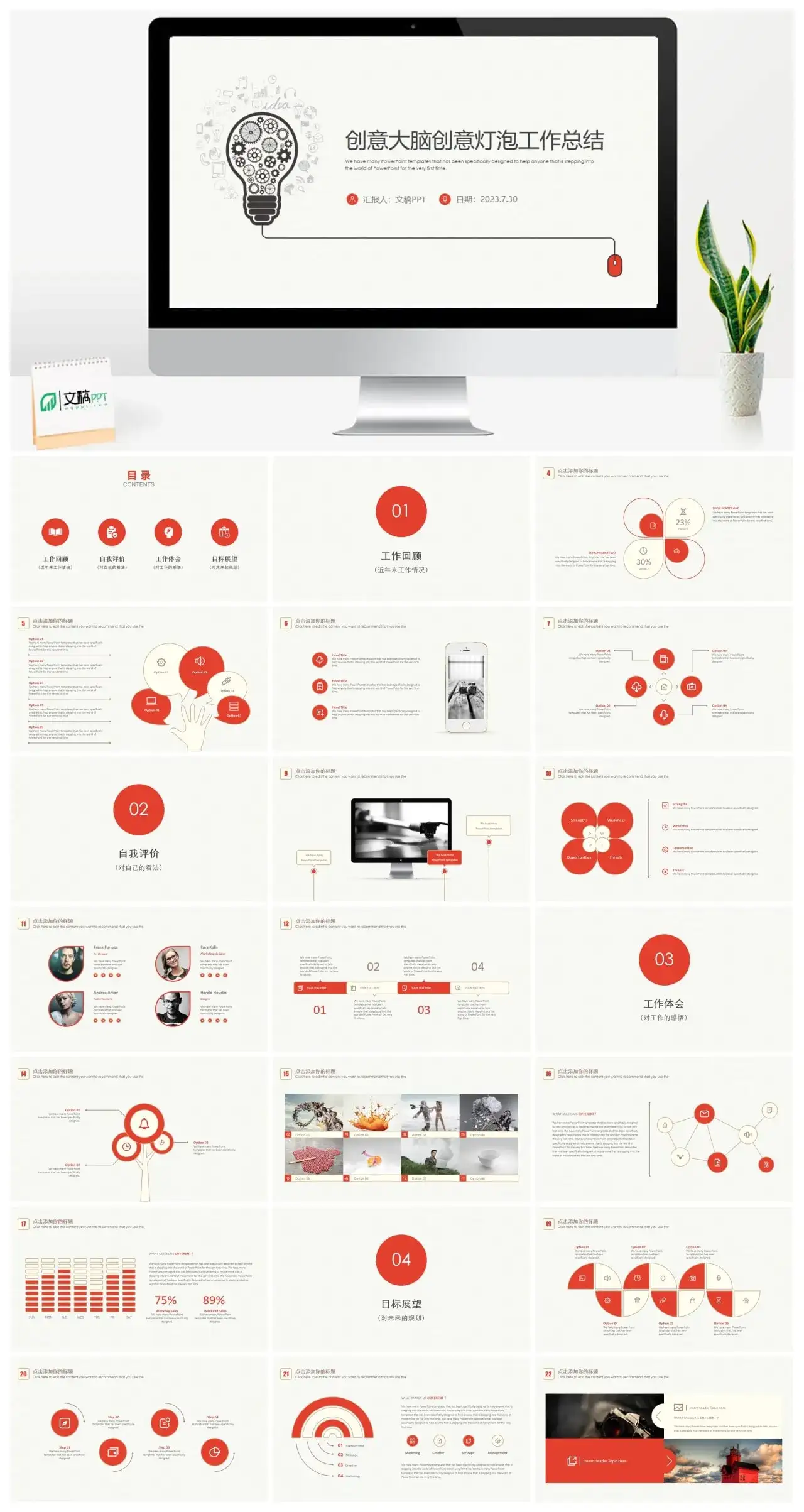 浅黄色灯泡创意大脑工作述职报告总结汇报PPT模板