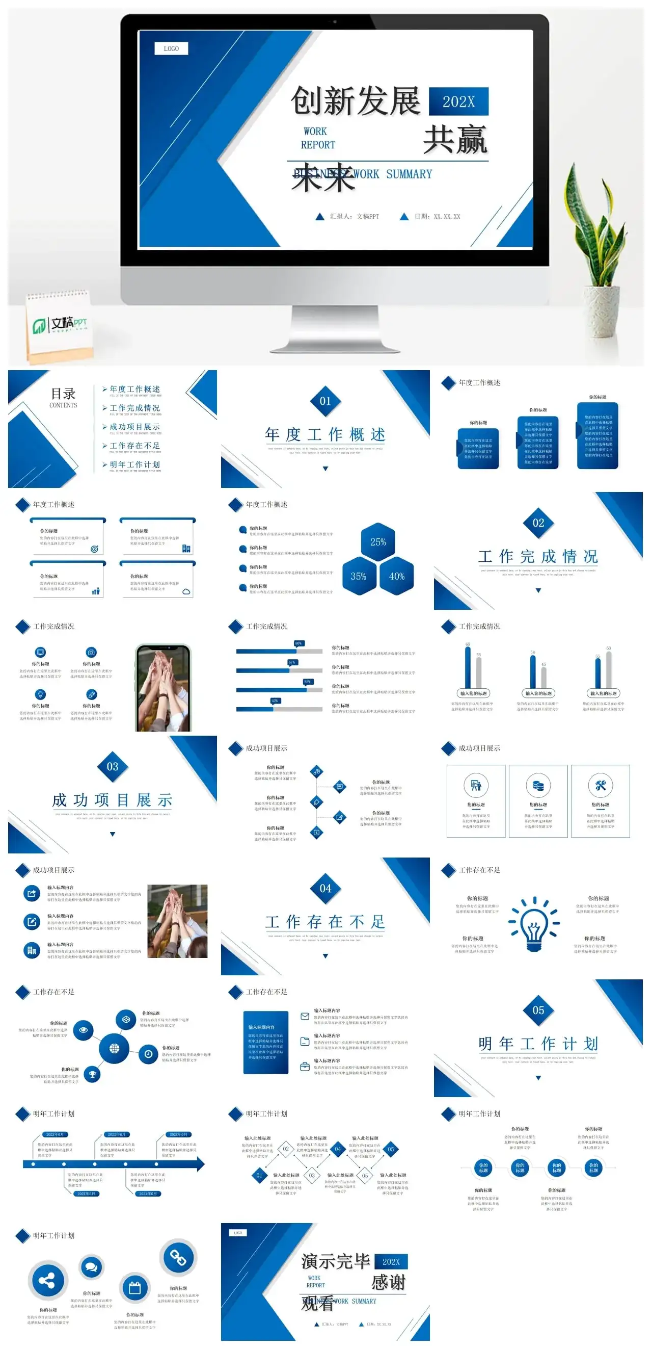 蓝色简洁简约商务风项目合作工作汇报PPT模板