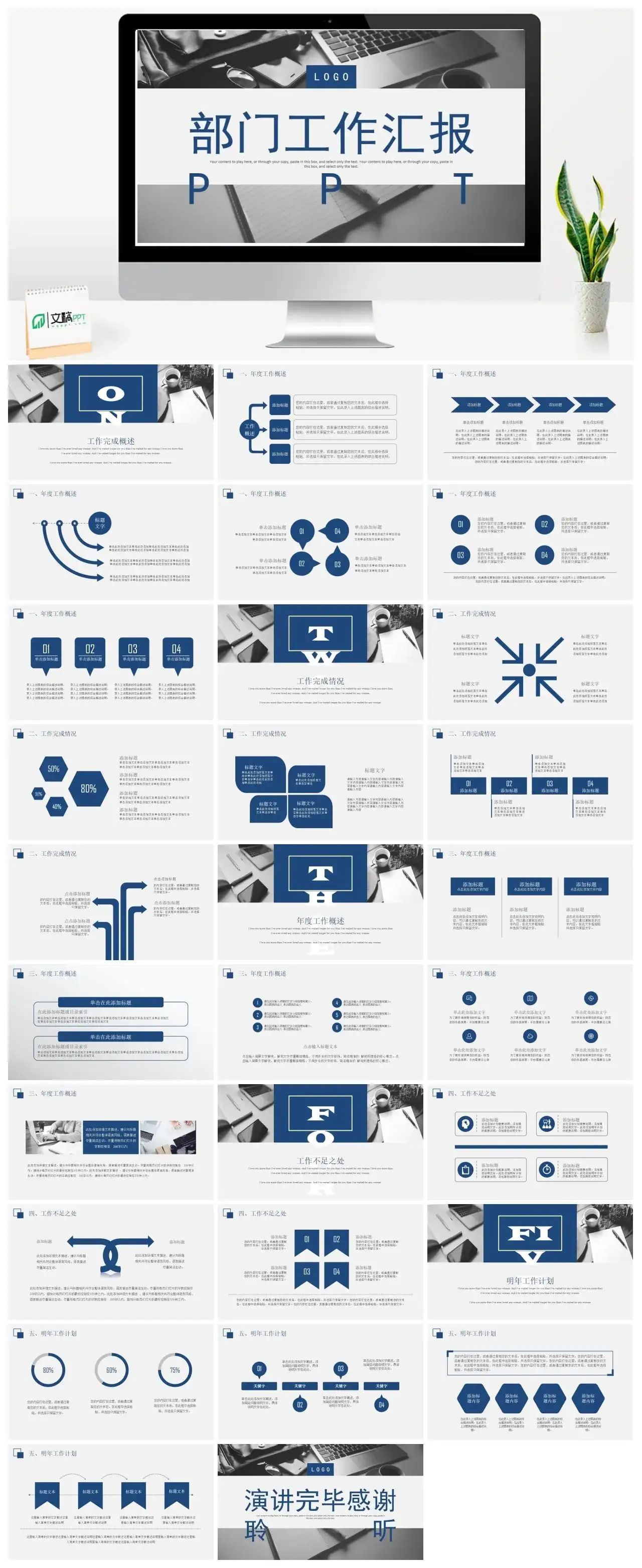 蓝色年终总结工作汇报告新年工作计划PPT模板
