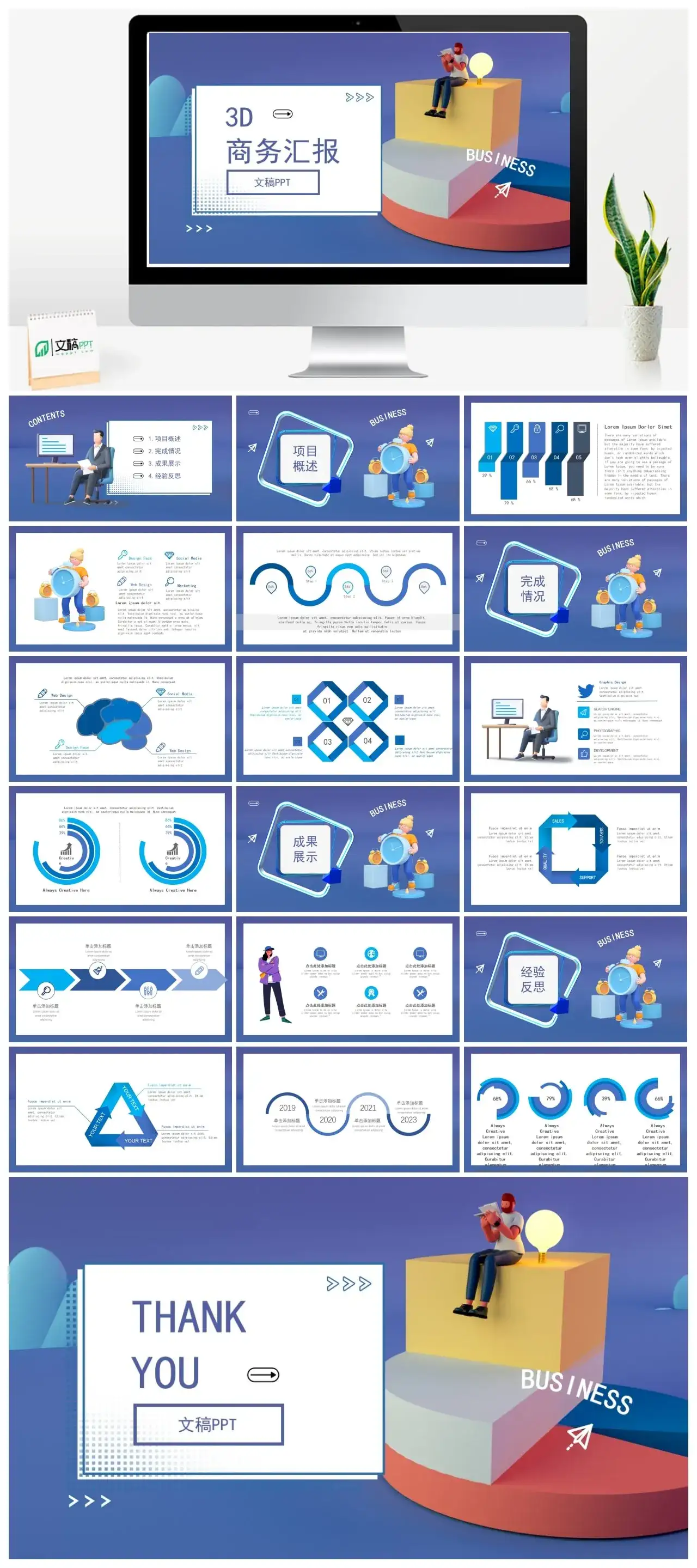 立体卡通人物3D插画风项目商务合作工作汇报PPT模板