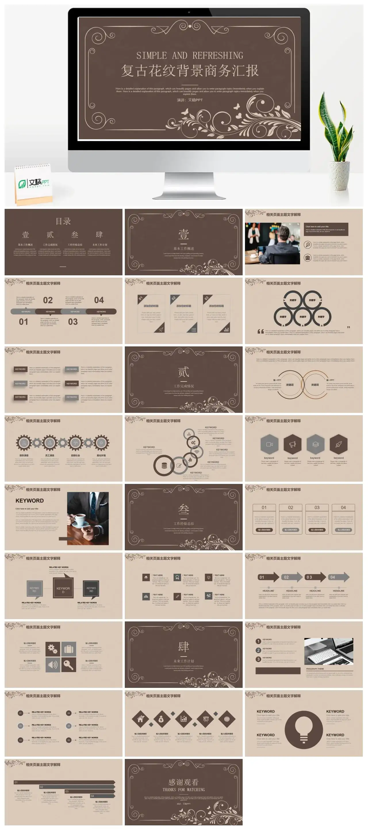 棕色复古花纹背景商务汇报PPT模板