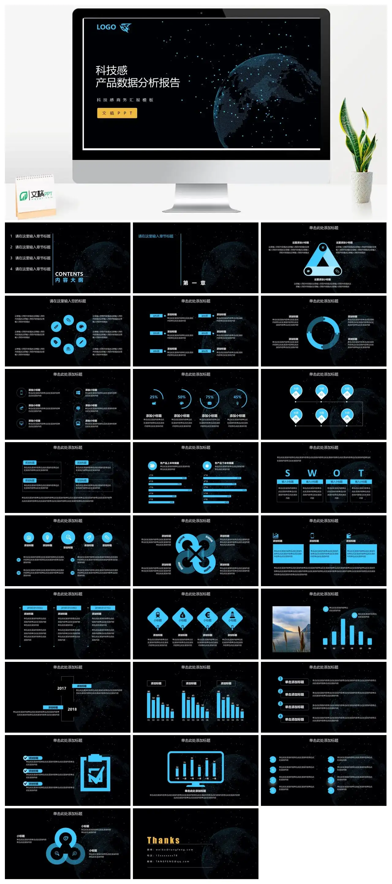 科技感商务汇报蓝色产品数据分析报告PPT模板
