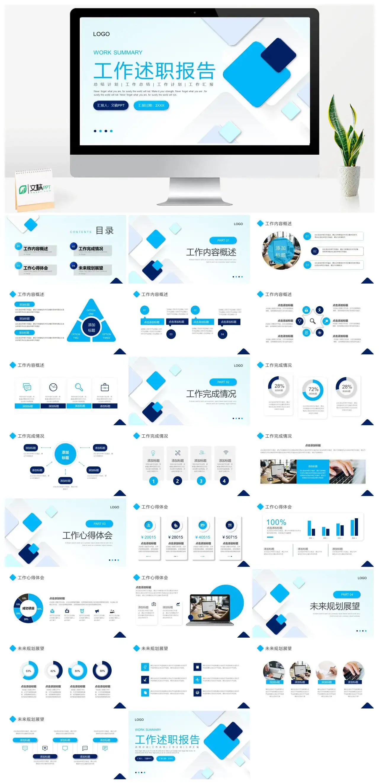 蓝色简约创意工作总结职位晋升述职报告PPT模板