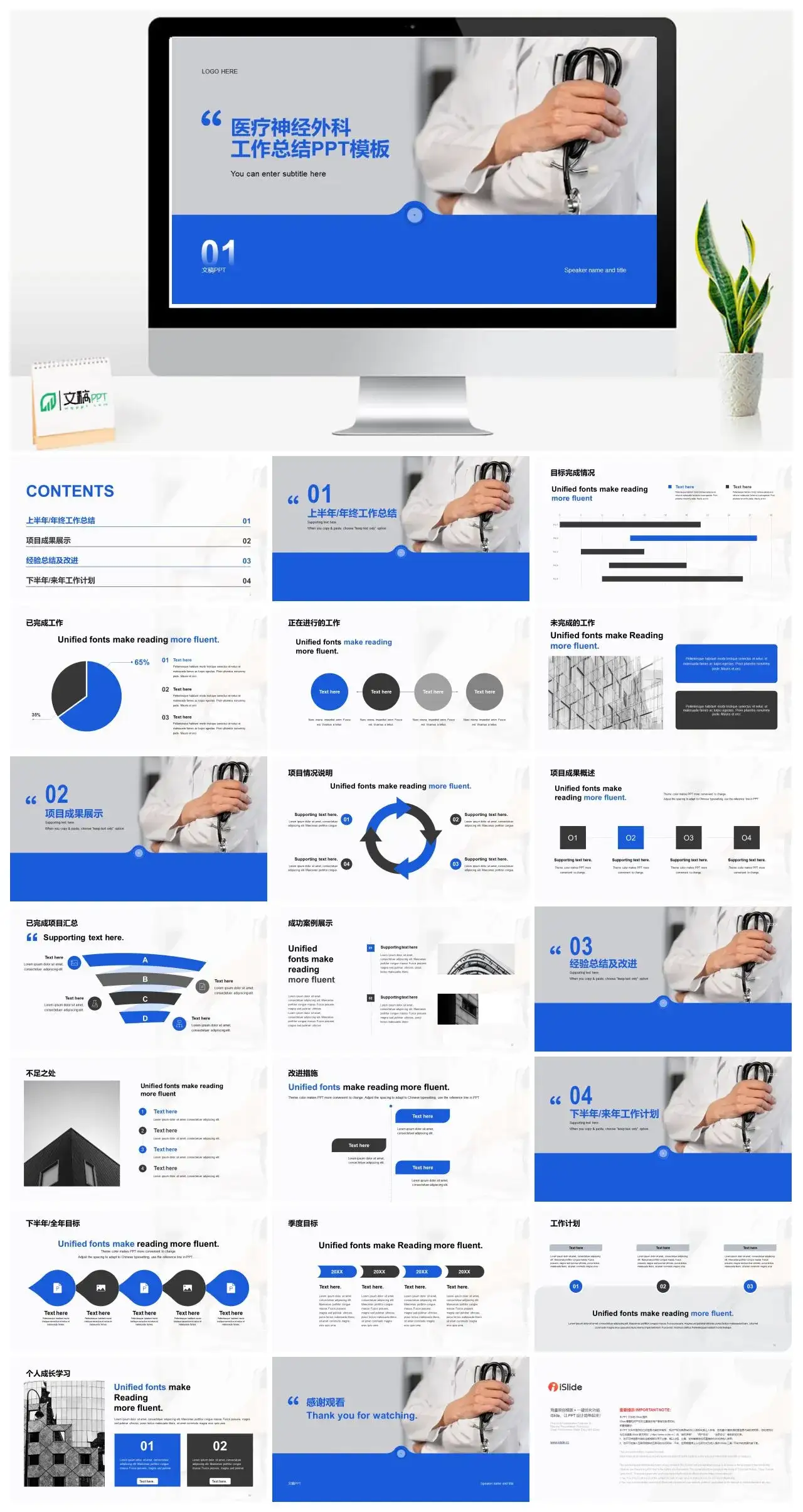 蓝色商务现代医疗医学神经外科工作总结PPT模板