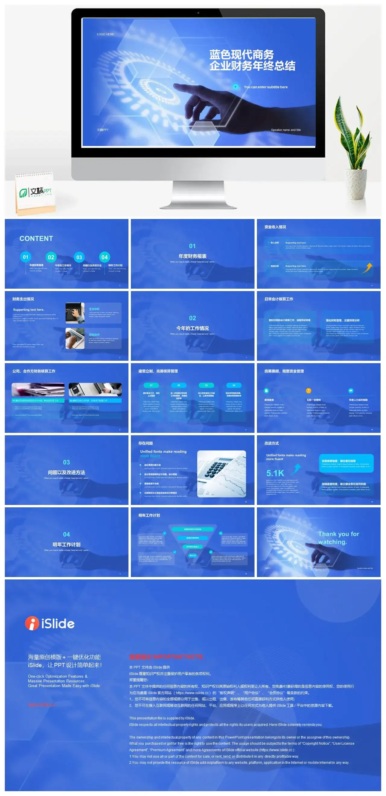 蓝色现代科技风商务企业财务年终总结PPT模板