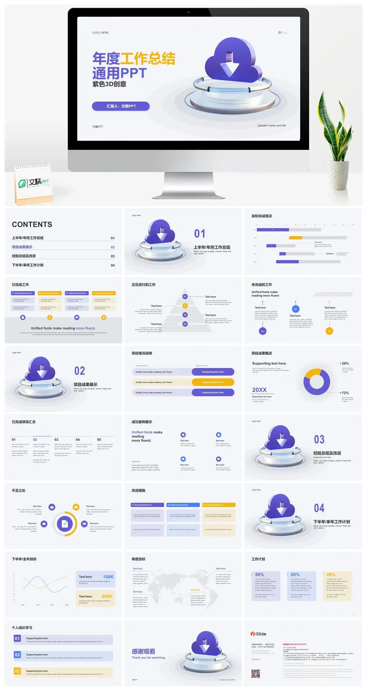紫色简洁创意IT互联网工作总结案例PPT模板