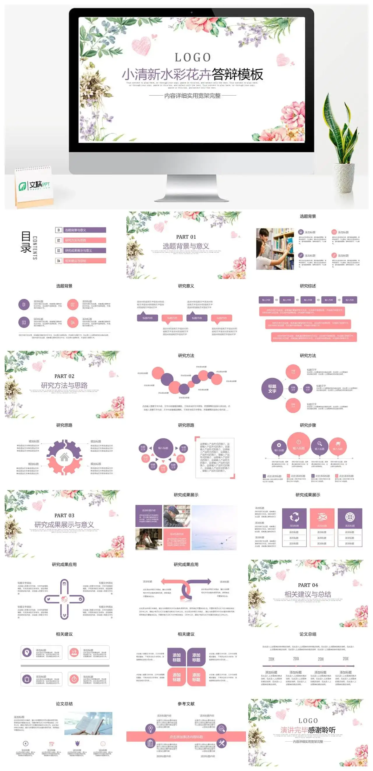 小清新文艺毕业论文答辩PPT模板