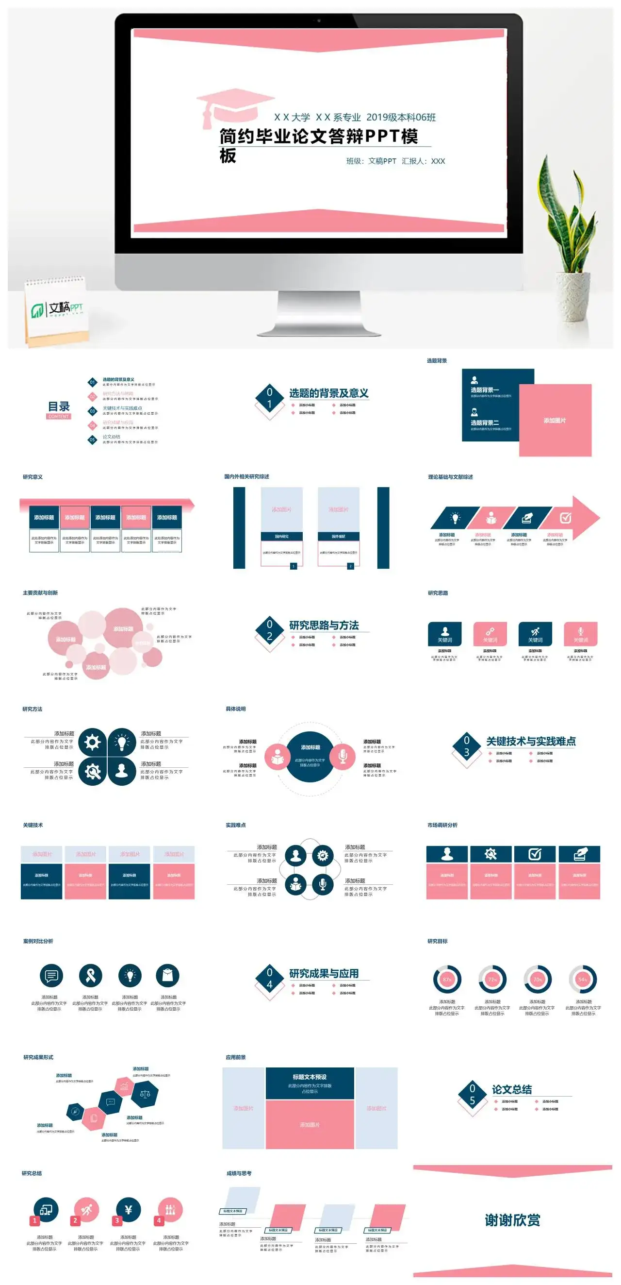 粉色简约毕业论文答辩PPT模板