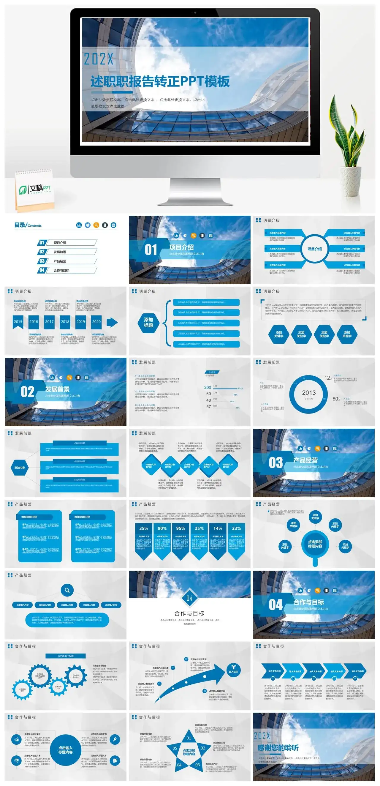 蓝色商务述职报告转正PPT模板