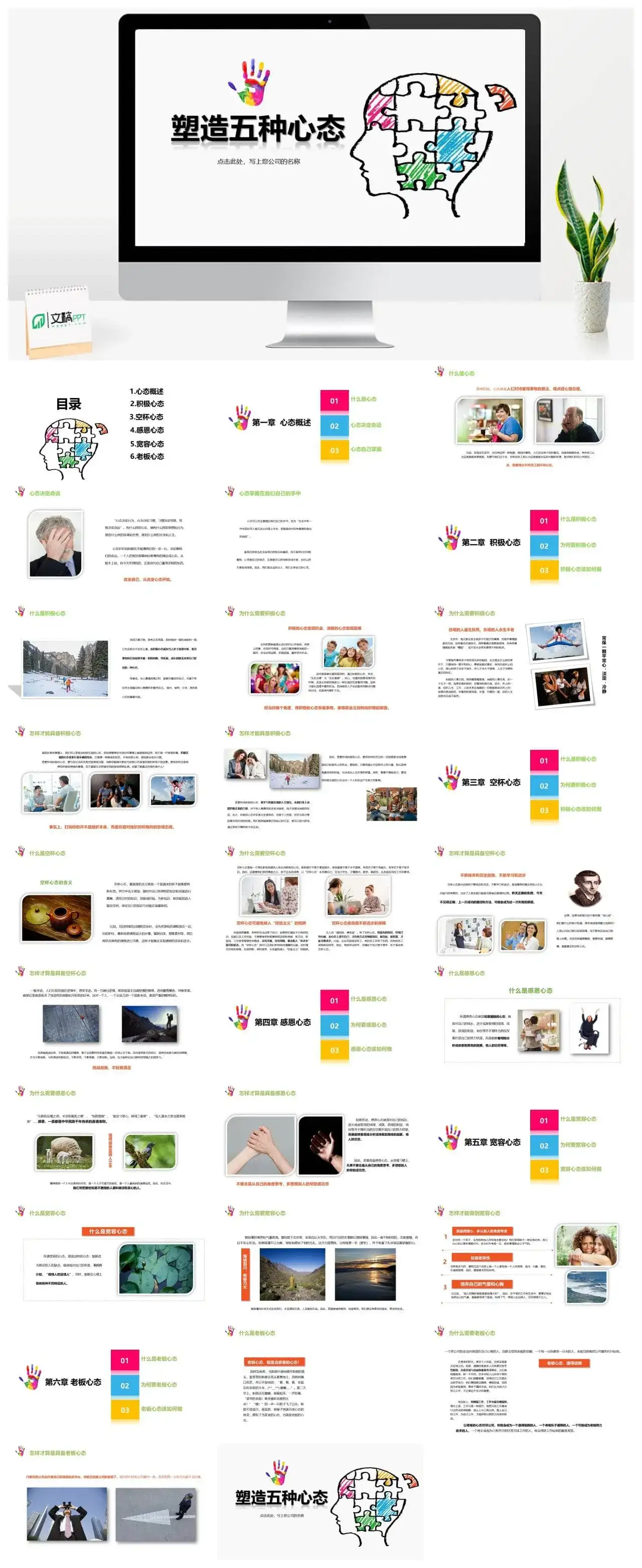 白色简洁塑造五种心态教育培训PPT模板