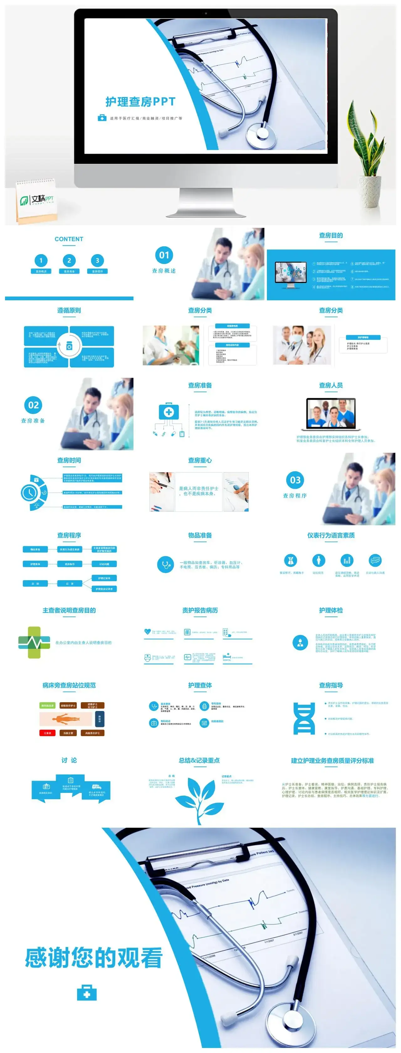 蓝色简约医疗护理查房PPT模板