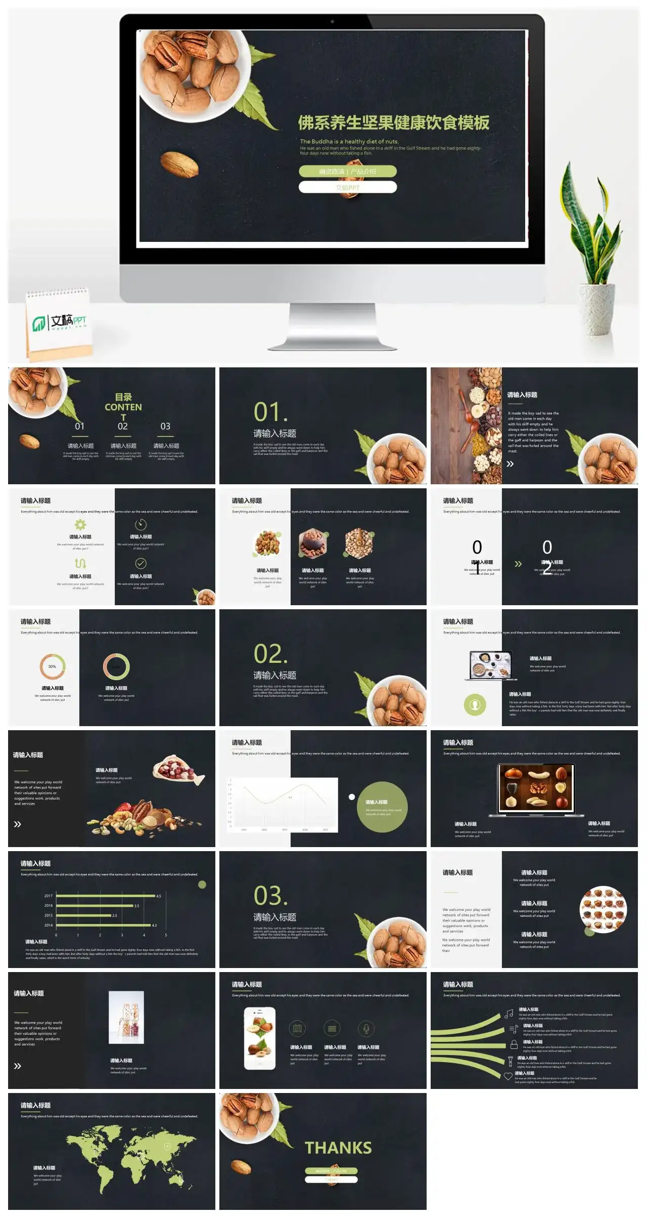 黑色佛系养生坚果健康饮食产品介绍PPT模板