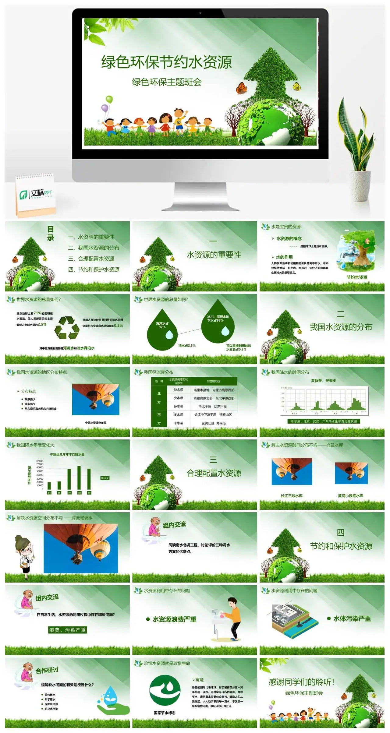 绿色环保节约水资源勤俭节约主题班会PPT模板
