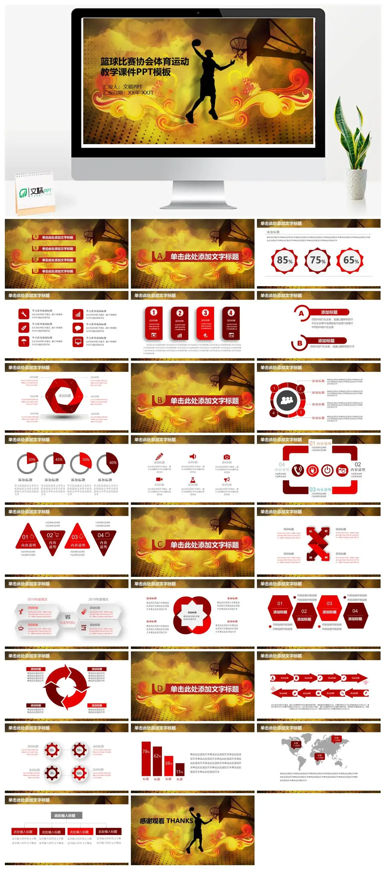 金色高端大气体育运动篮球比赛教学课件PPT模板