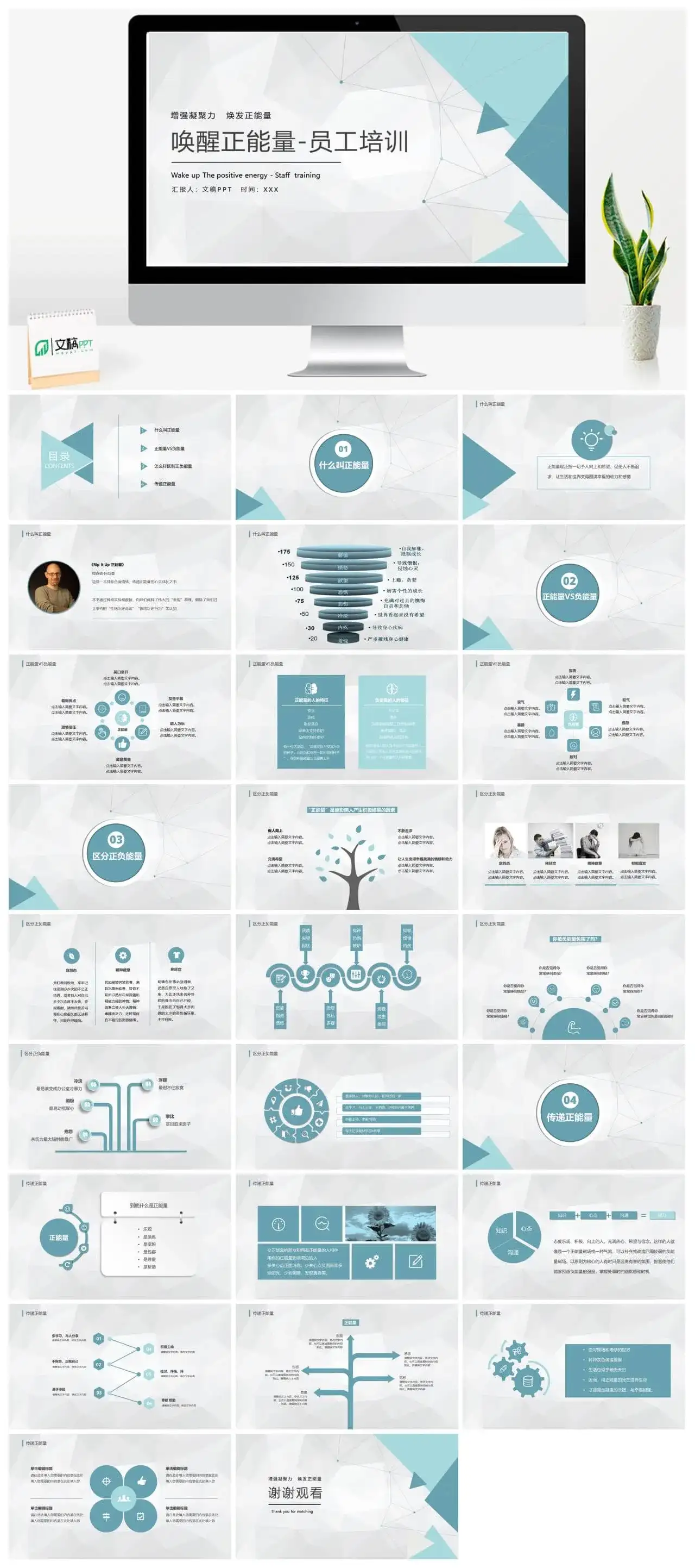 微立体简洁企业员工培训唤醒正能量PPT模板