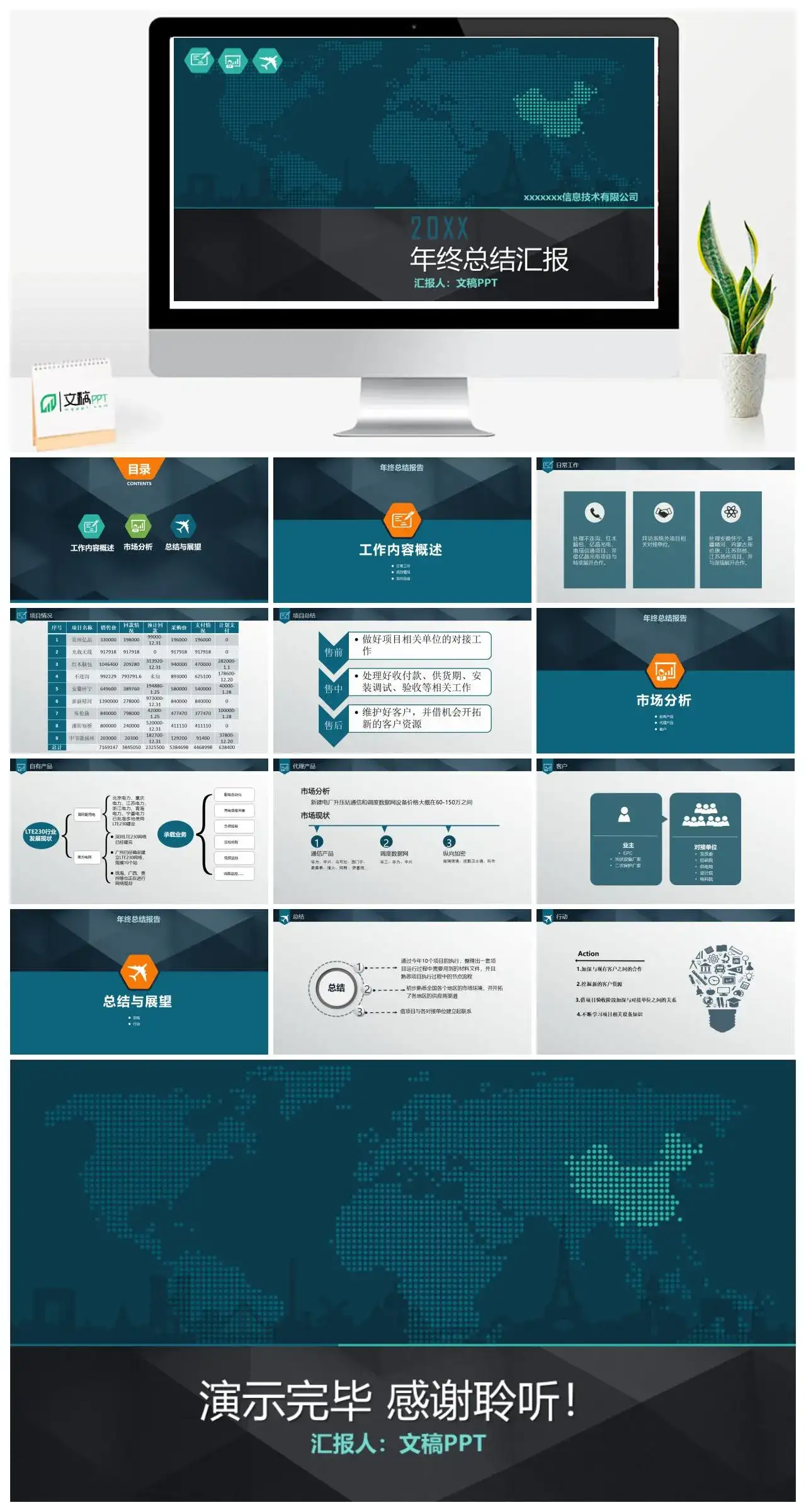 绿色微立体科技公司年终工作总结汇报PPT模板