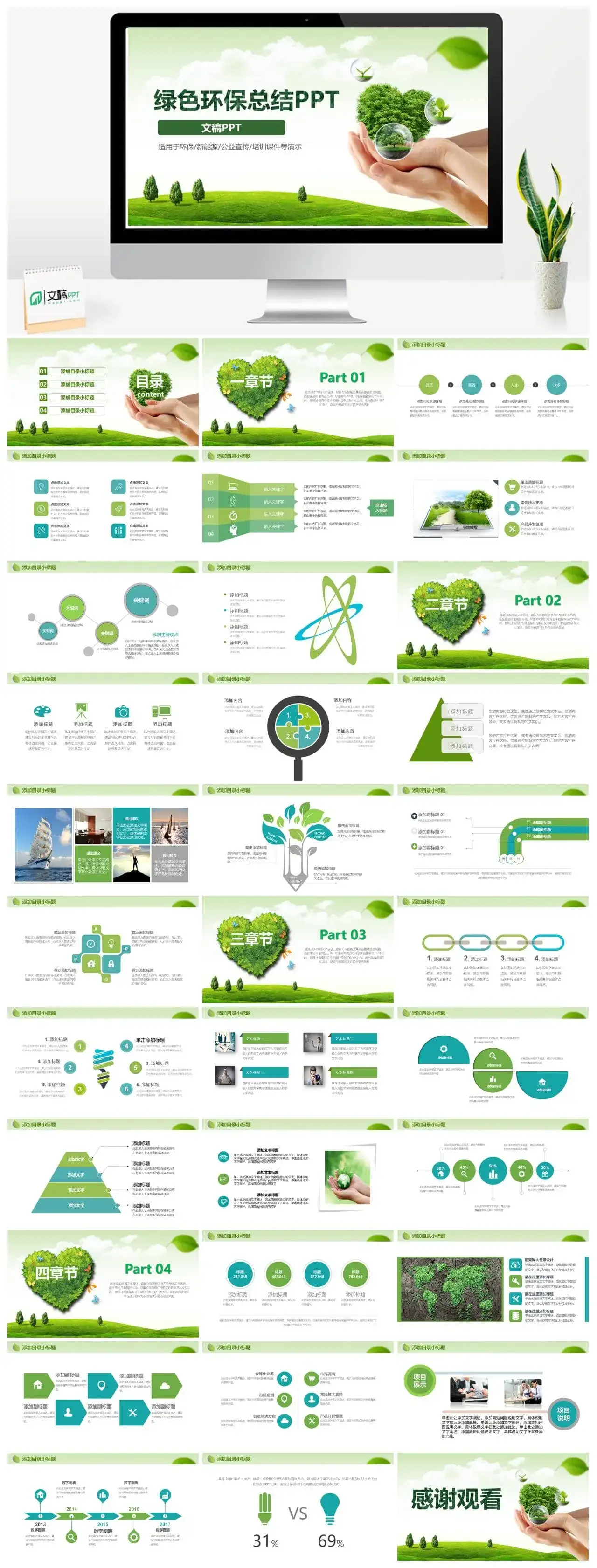 文艺简约绿色节能环保公益宣传教育培训总结PPT模板