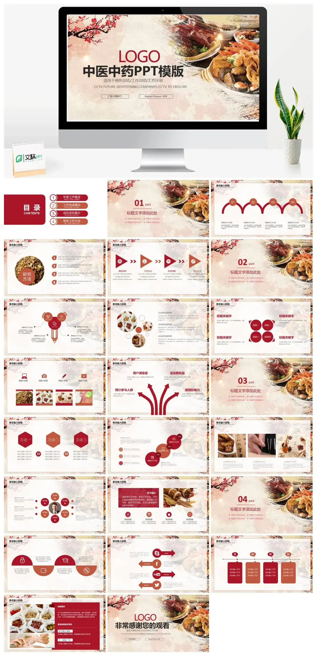 中国风中医中药食材养生年度工作总结计划报告商务PPT模板