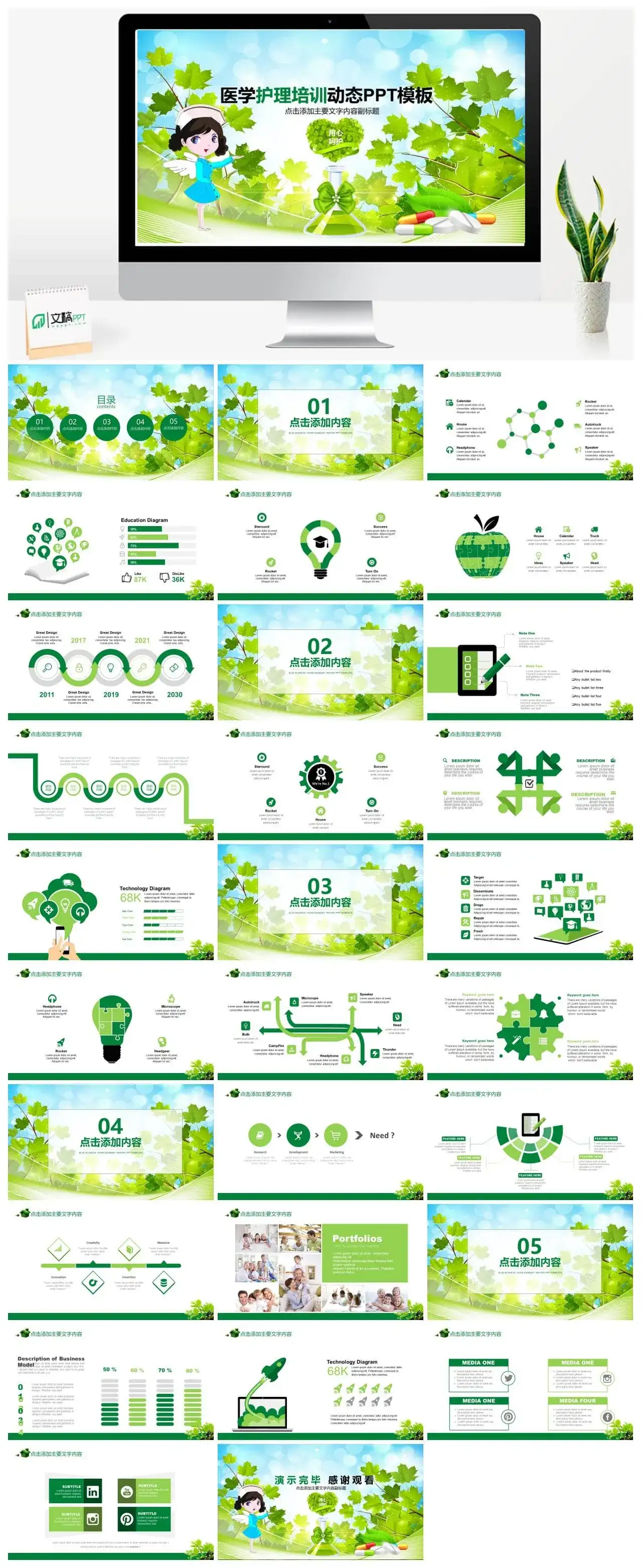 卡通绿色小清新医学医药护理培训动态PPT模板