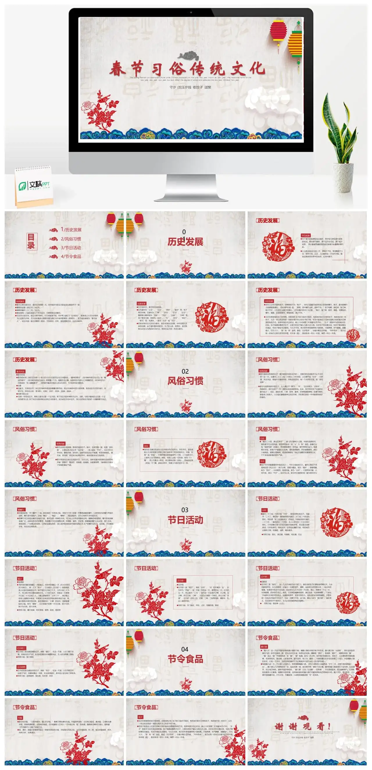 简洁春节习俗传统文化节日庆典PPT模板