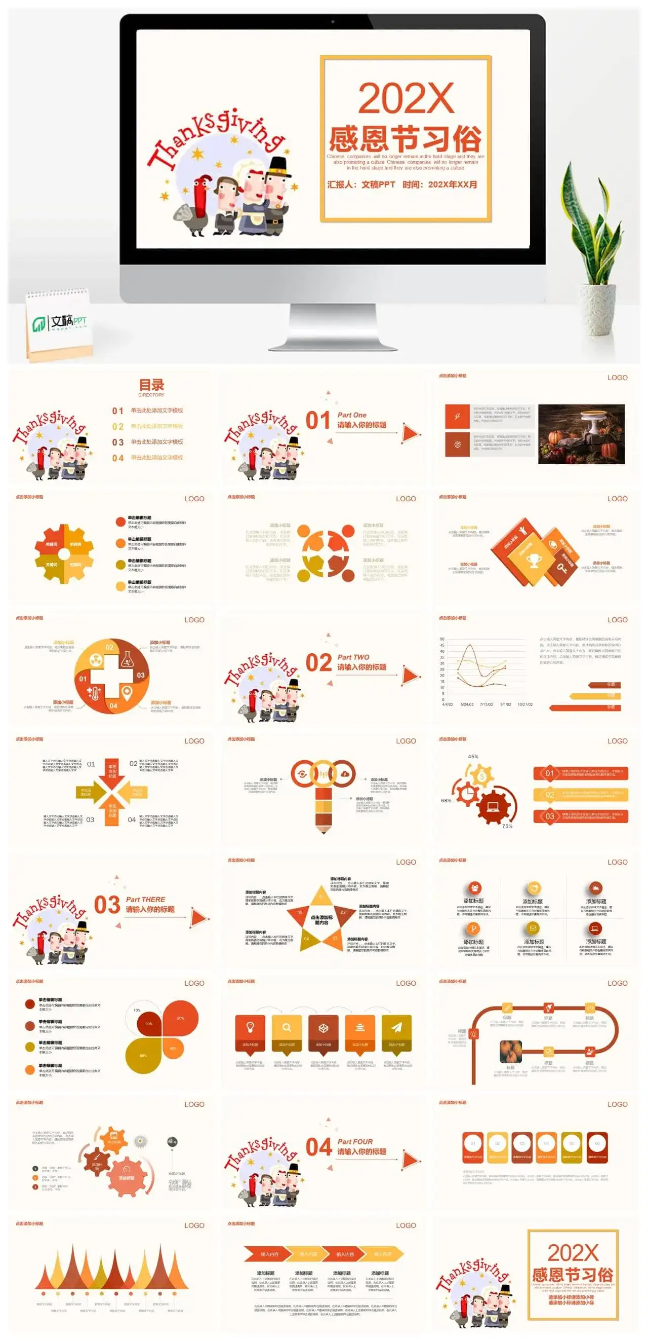 卡通可爱感恩节习俗介绍宣传PPT模板