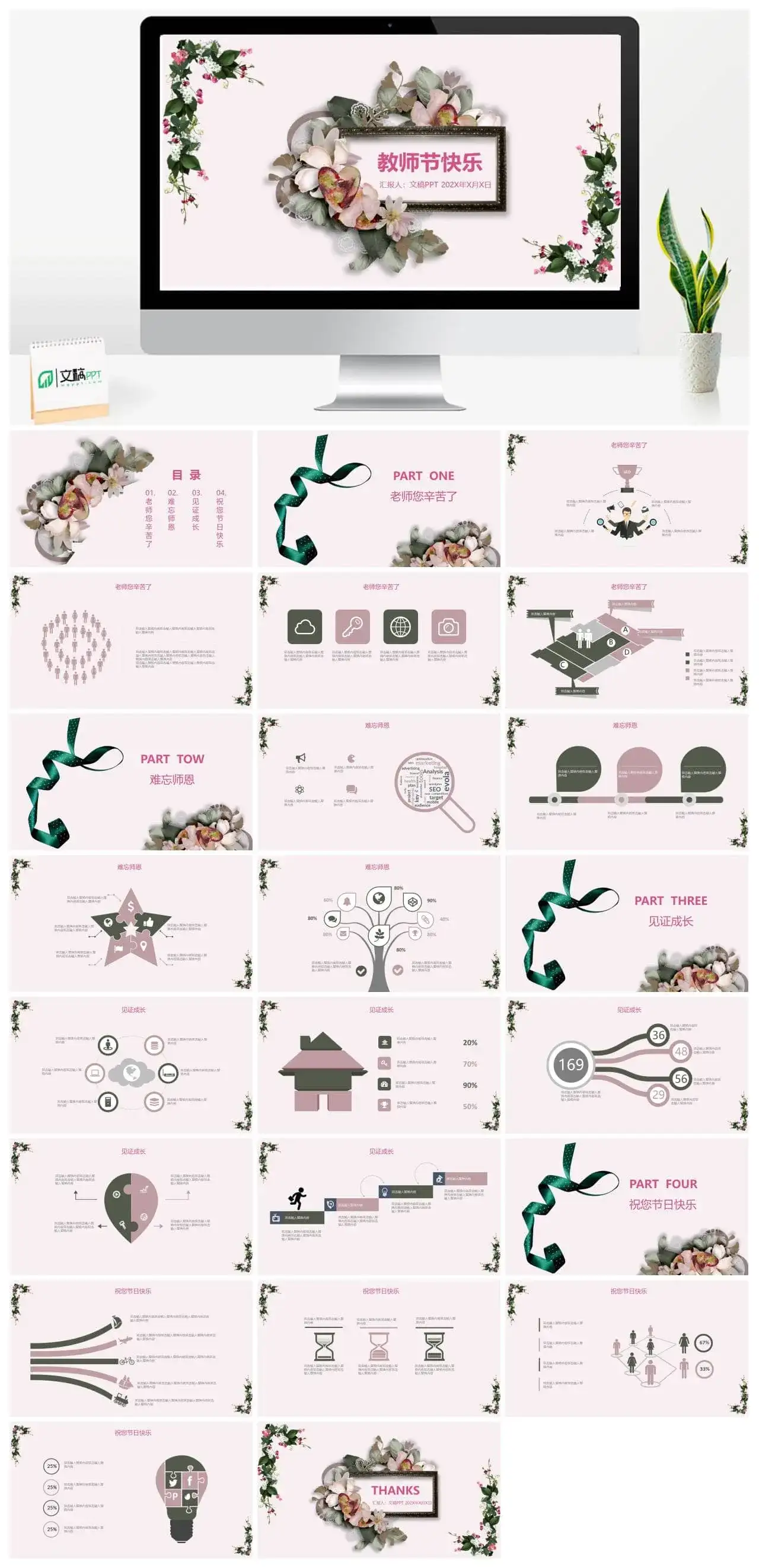 小清新花朵唯美浪漫教师节教学PPT模板