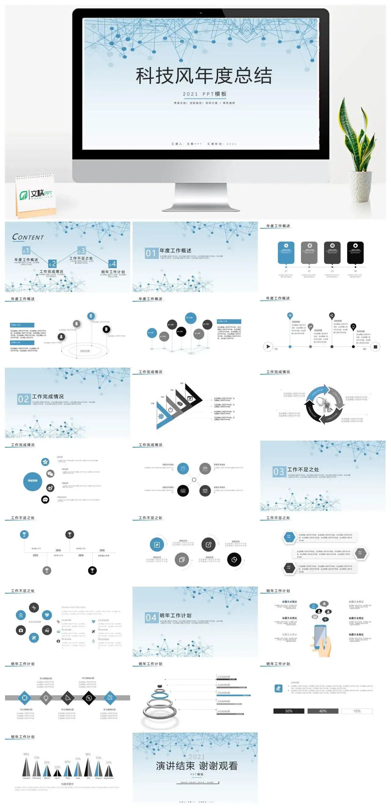 蓝色点线科技风年度故障总结PPT