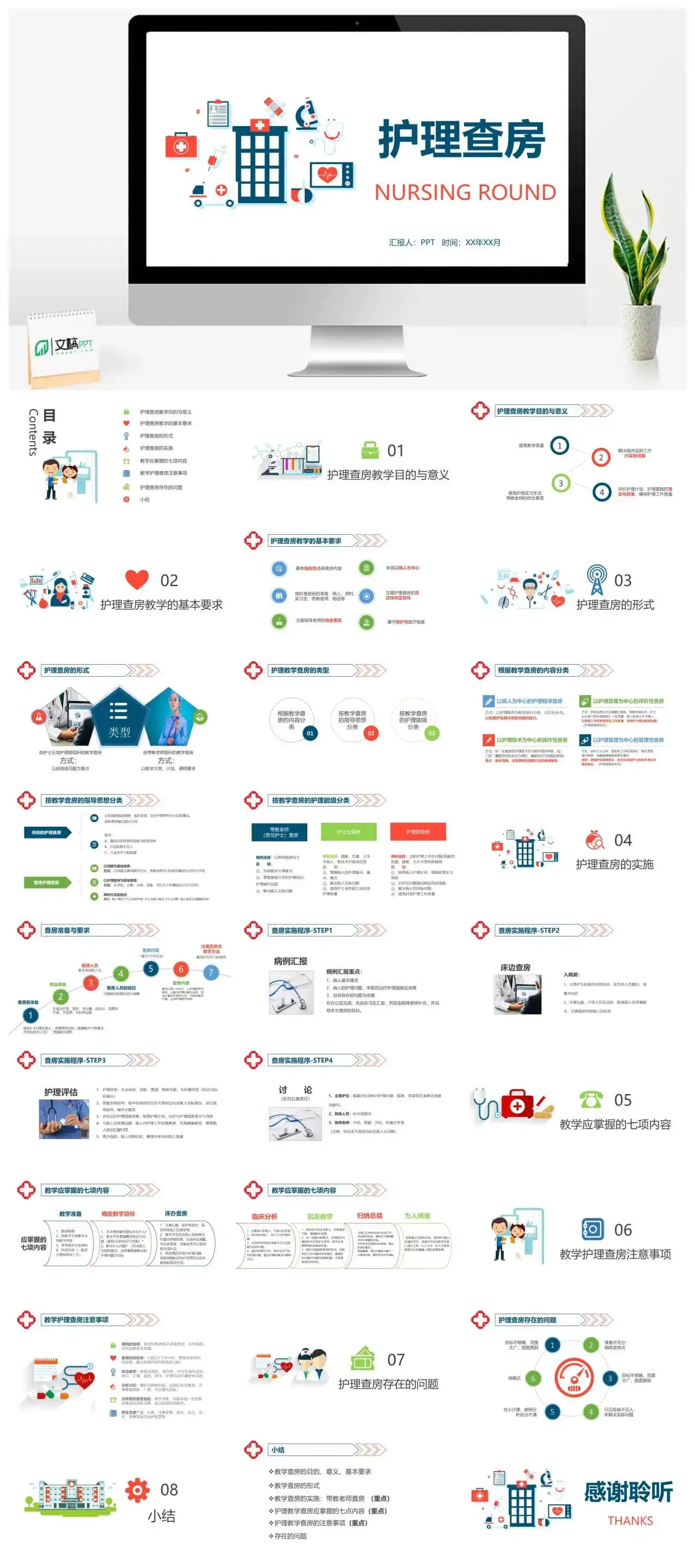 扁平化简洁医院护理查房PPT模板