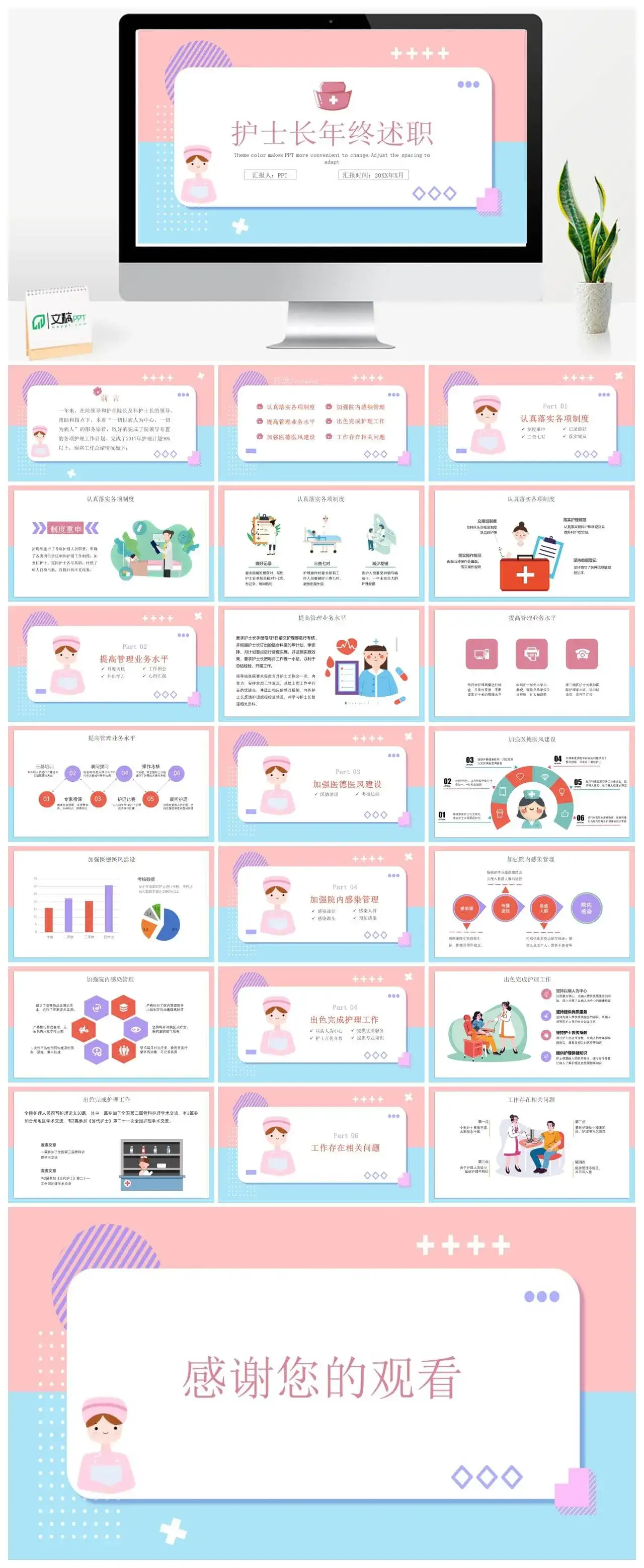 扁平风护士长年终述职报告PPT模板