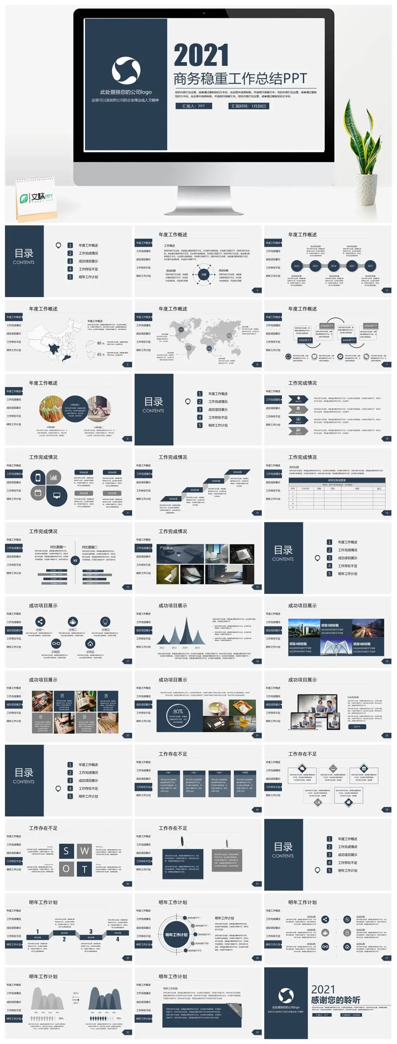 商务稳重简洁工作总结工作计划通用PPT模板PPT幻灯片