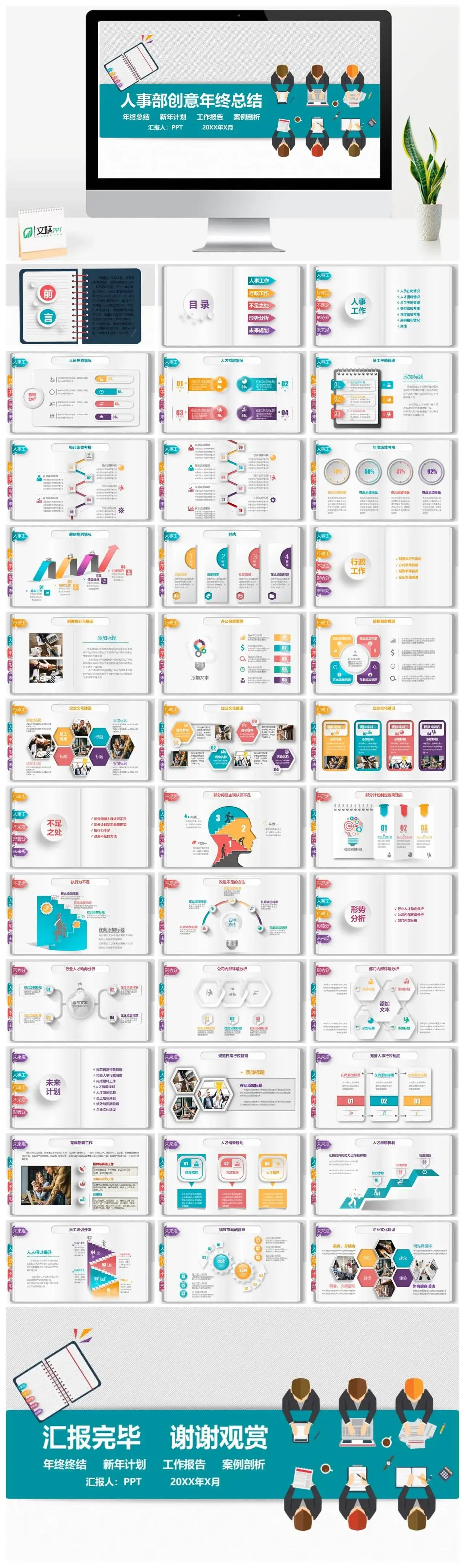 人事部行政部年终总结工作计划微粒体PPT模板PPT幻灯片