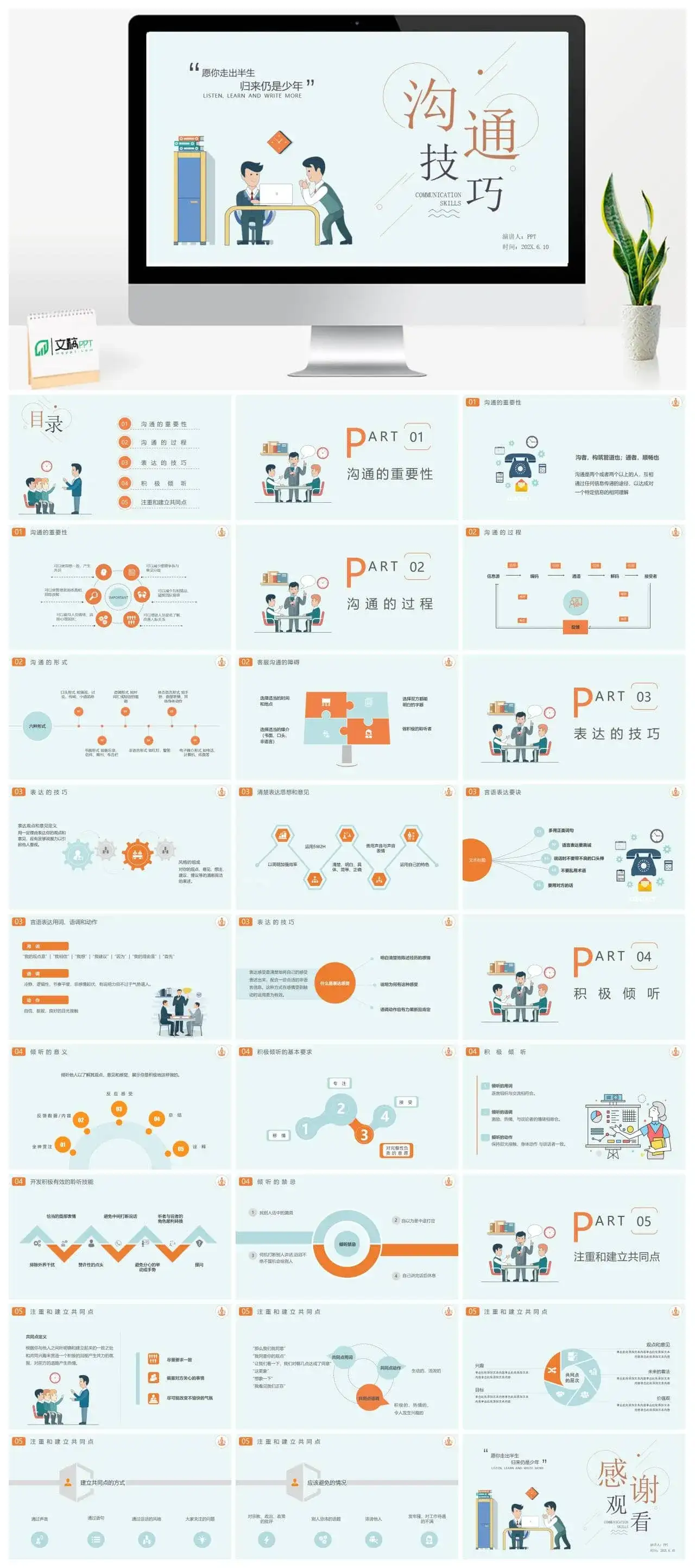 淡绿色扁平企业沟通技巧培训课件PPT模板