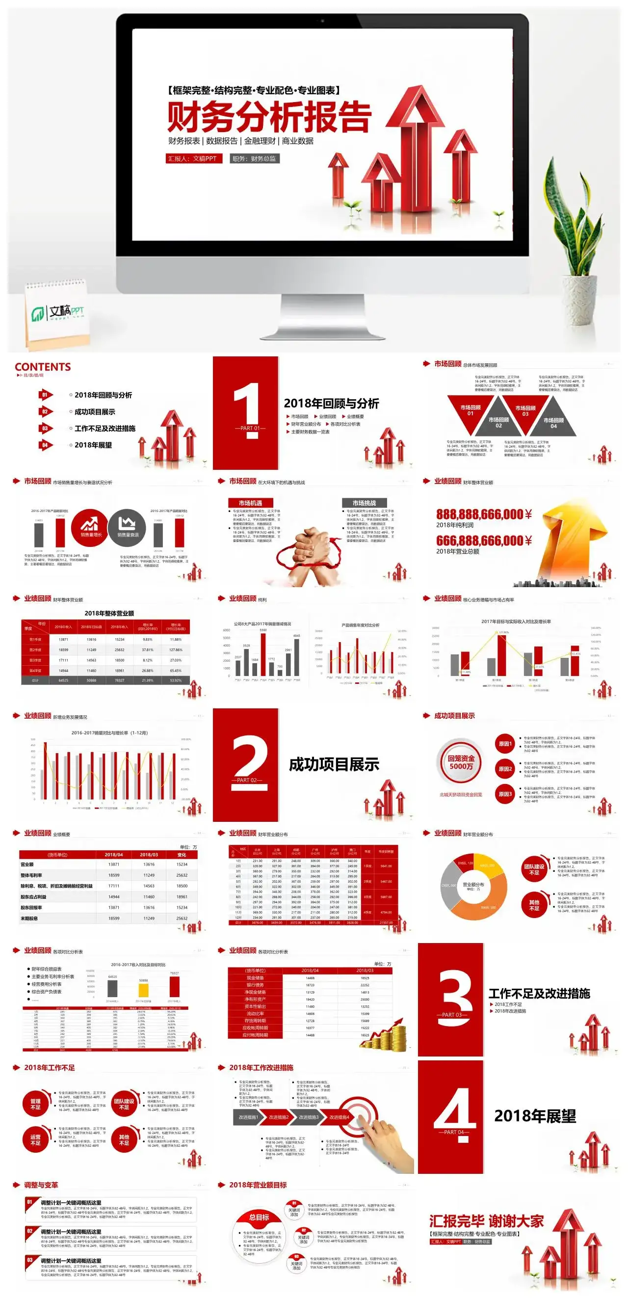 红色简约财务分析年终总结汇报PPT模板