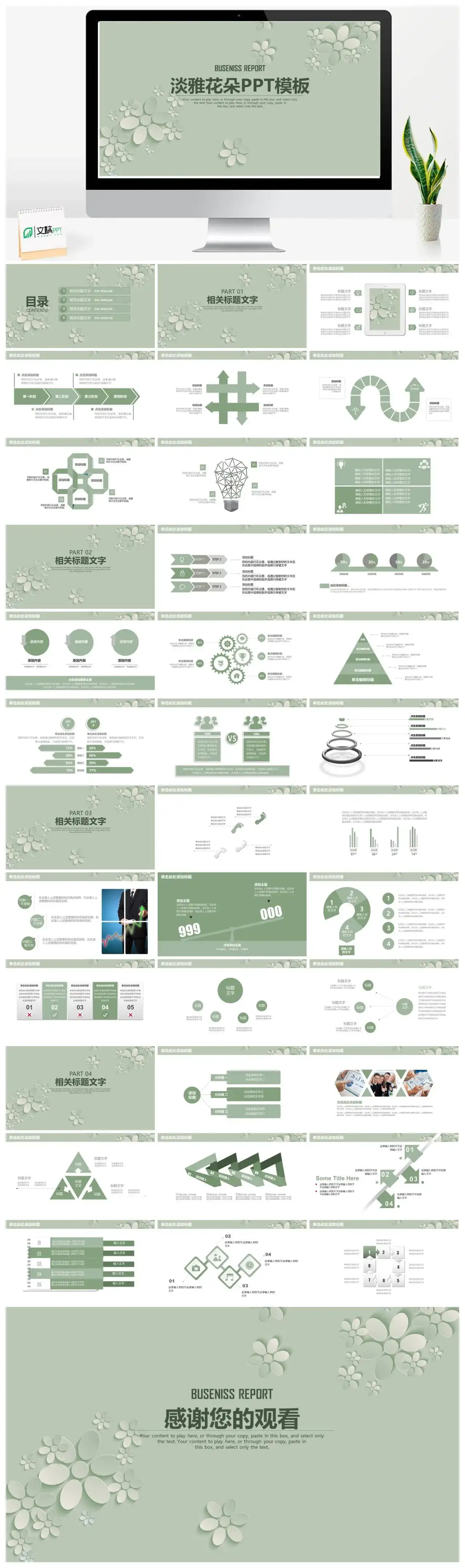 唯美手绘花卉文艺复古简历工作总结动态PPT模板PPT幻灯片