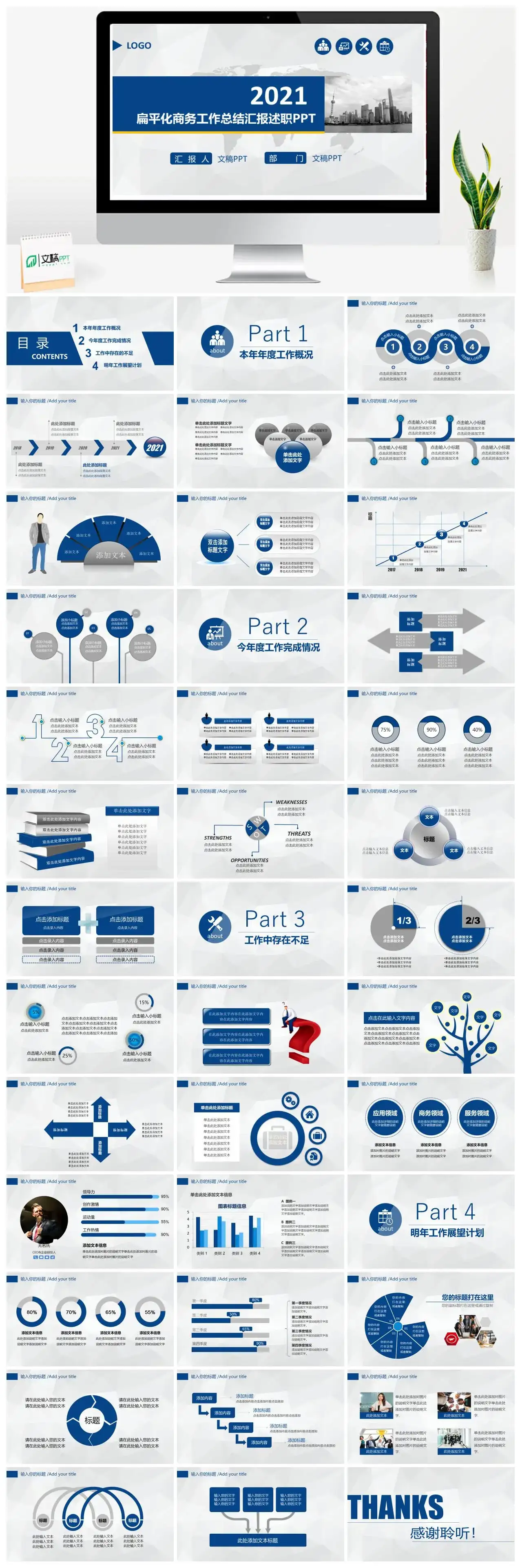 蓝色扁平化商务工作总结述职报告PPT模板