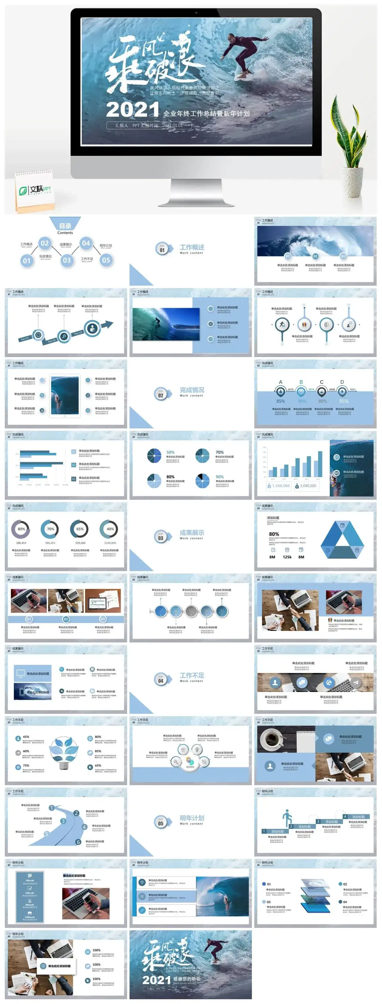 乘风破浪追逐梦想企业年终工作总结暨新年计划PPT模板PPT幻灯片