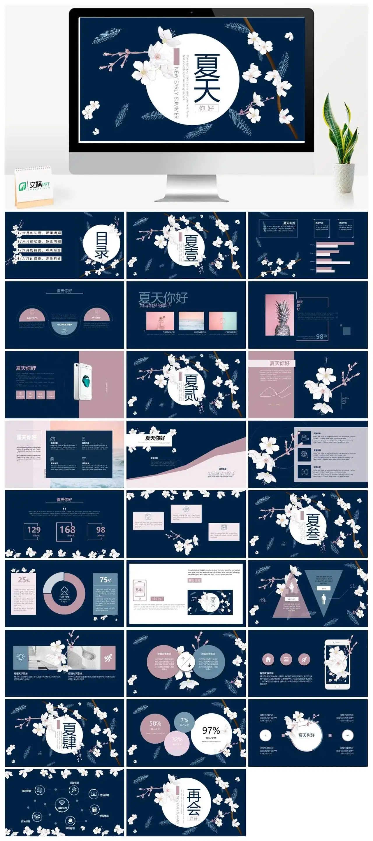 你好夏天主题工作汇报PPT模板素材下载
