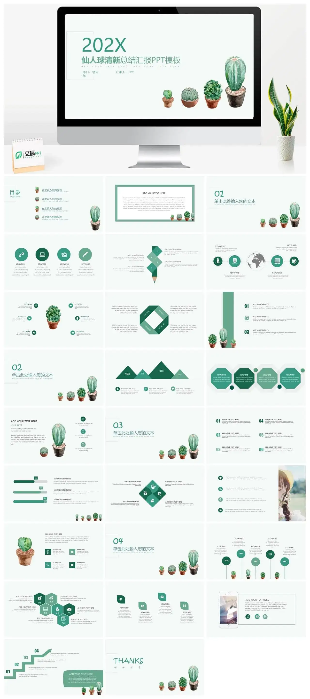 仙人球清新总结汇报PPT模板素材下载